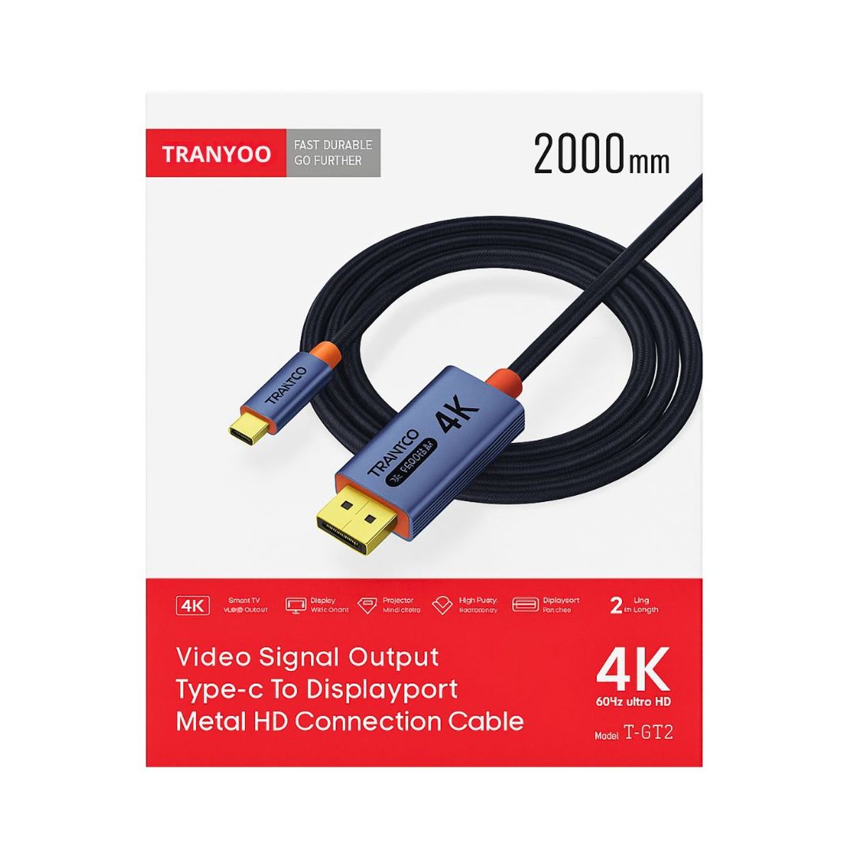 TRANYOO - Cable de Video Type-C a DisplayPort Tranyoo 4K 60 Hz 2 m con Conectores Metálicos Antideslizantes