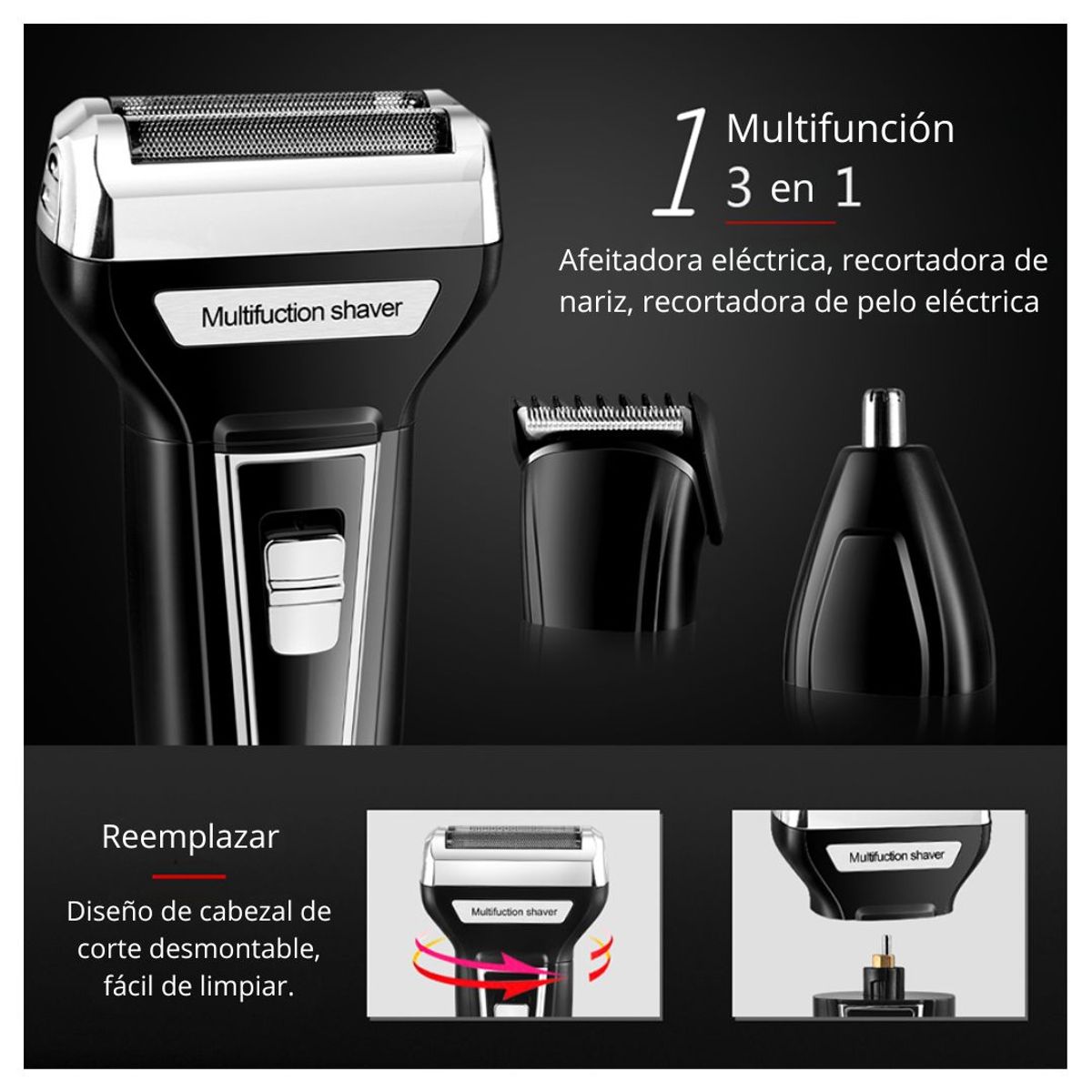 KEMEI - Afeitadora Eléctrica Inalámbrica 3 en 1 Kemei KM-6559 para Barba, Rostro y Nariz Recargable USB