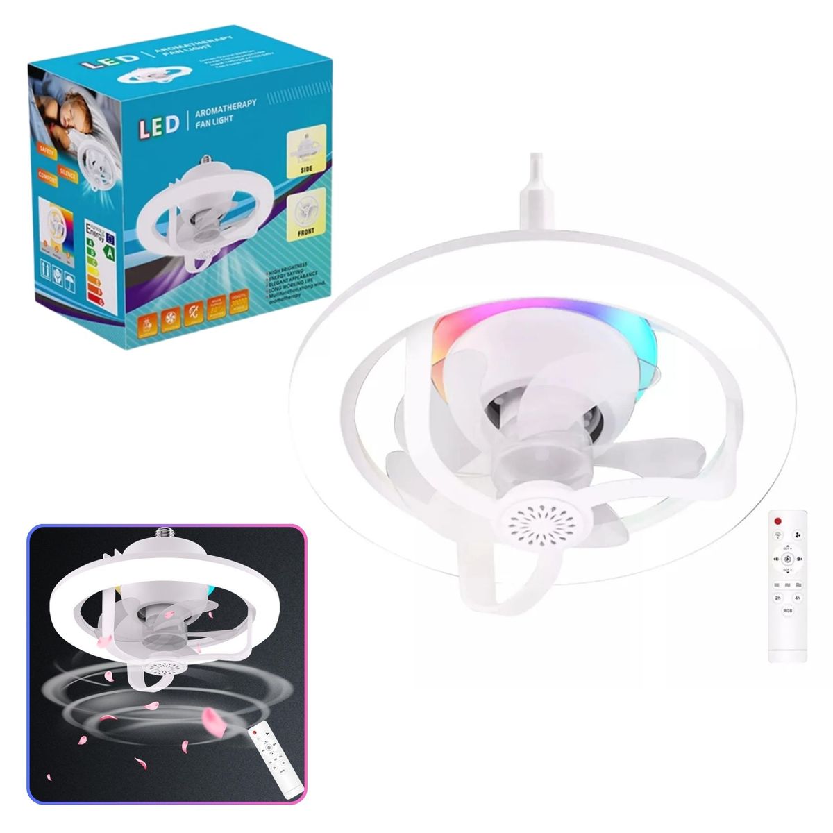 SEISA - Ventilador de Techo con Lámpara LED 60W - Rotación 360° Control Remoto  Aromaterapia