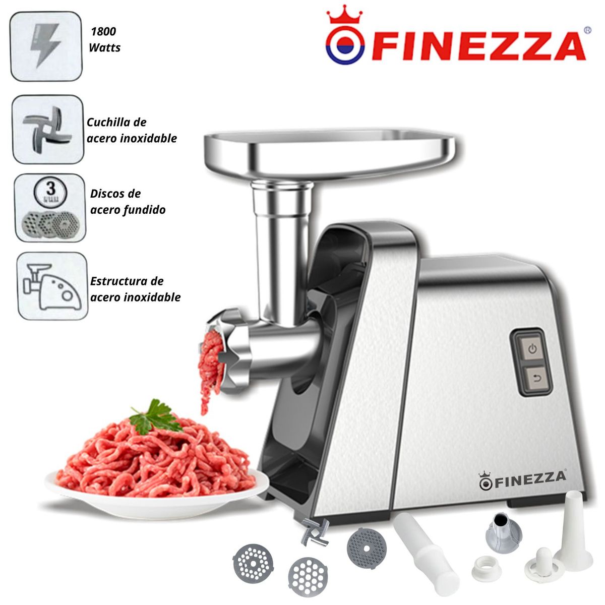 FINEZZA - Moledor de Carne Finezza Eléctrica FZ-102MC Potencia 1800 W con 03 discos de acero fundido