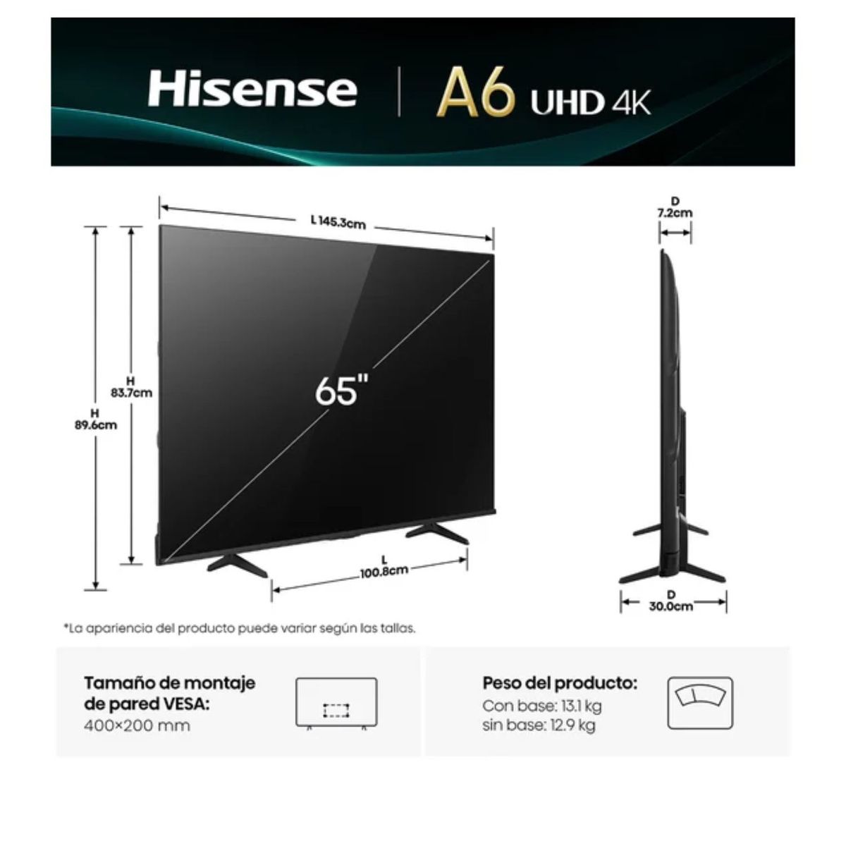 HISENSE - Televisor HISENSE LED 65 UHD 4K Smart TV 65A6NV