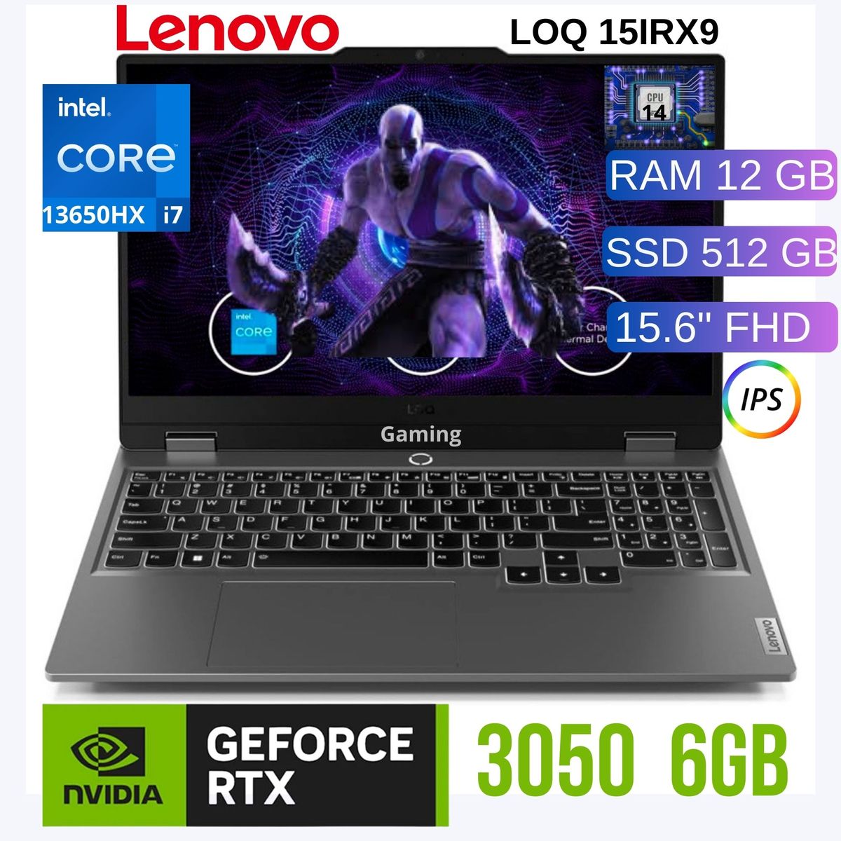 LENOVO - LAPTOP LENOVO  LOQ 15IRX9 15.6" Intel Core i7 13700HX Ram 12GB ,SSD 512GB RTX 3050 6GB.(83DV00FHLM)