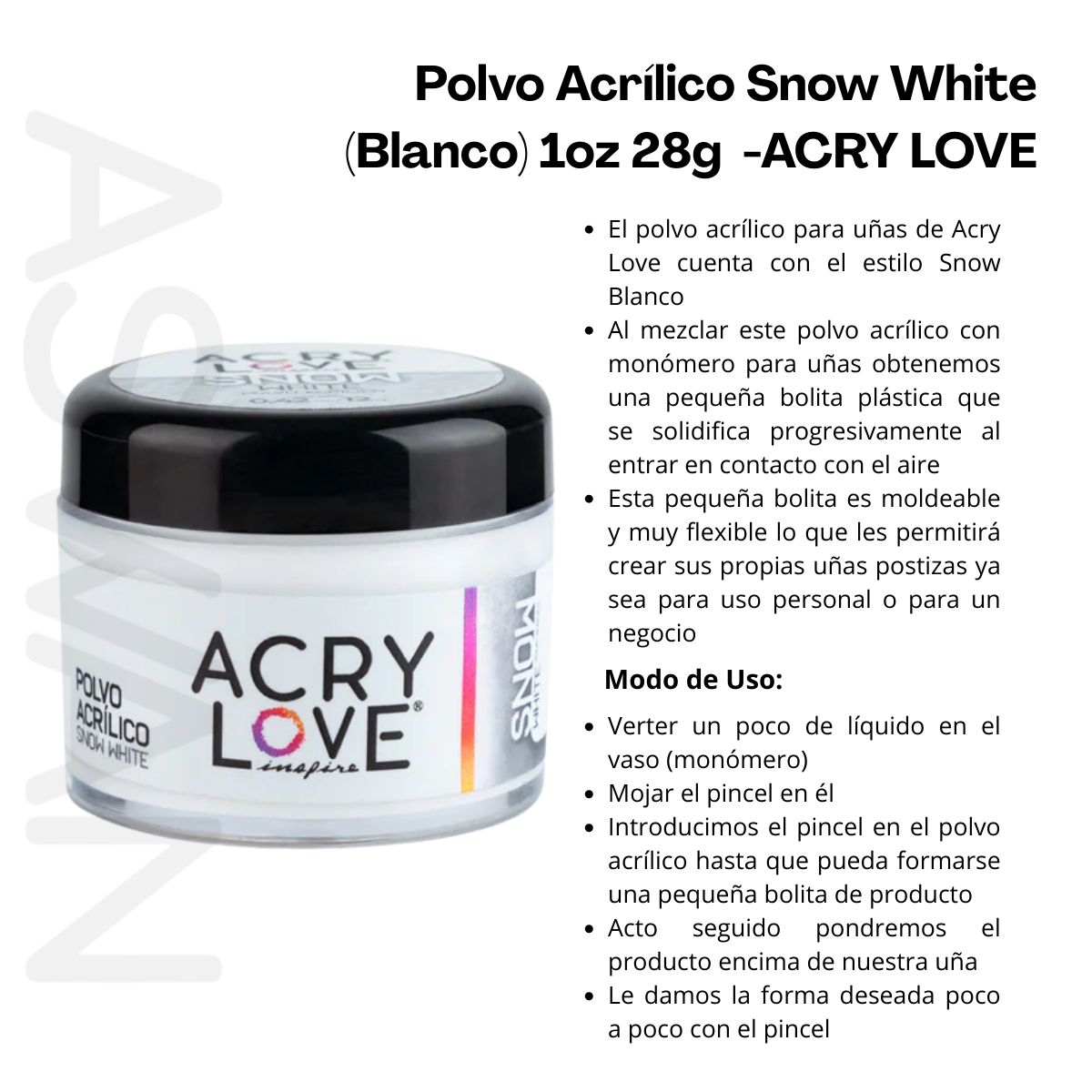 GENERICO - Polvo Acrílico Snow White 1oz - ACRY LOVE