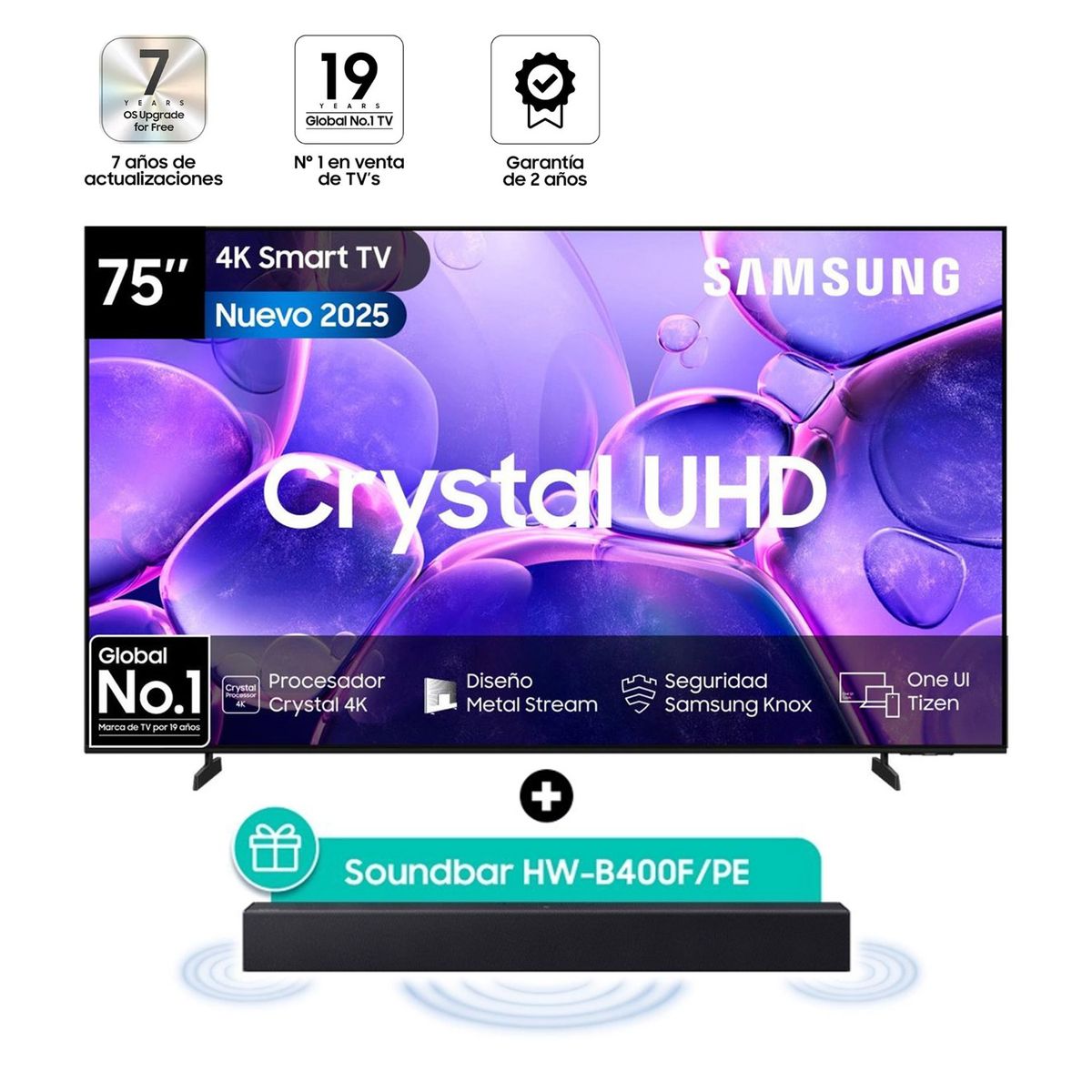 SAMSUNG - Televisor Samsung 75 Pulg. Crystal U8000F Smart Tizen TV UHD 4K UN75U8000FGXPE l Sound Bar B400F