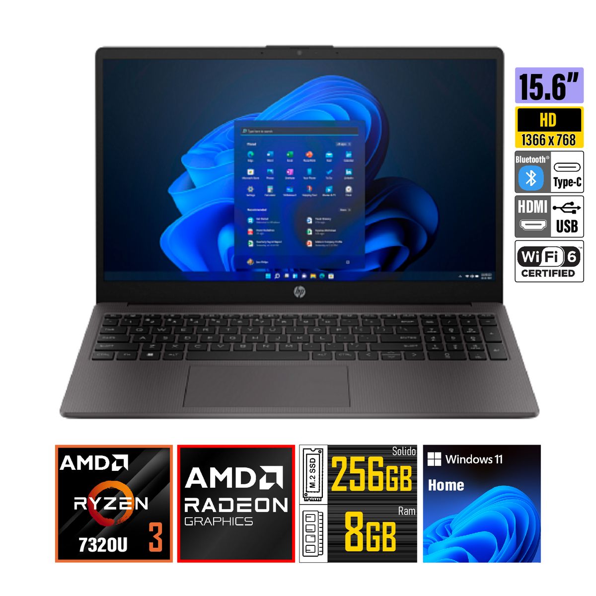 HP - Laptop HP 255 G10 (15.6″ HD) con AMD Ryzen 3, 8 GB RAM y 256 GB SSD