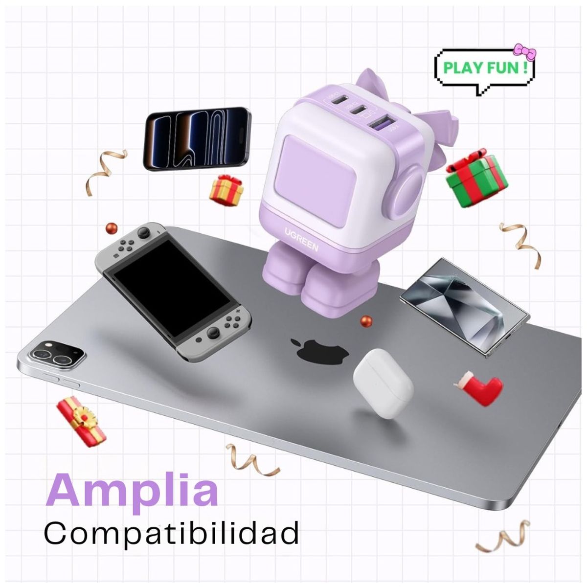 UGREEN - CARGADOR ROBOT UGREEN UNO 65W 3-PORT GAN FAST CHARGER PURPURA