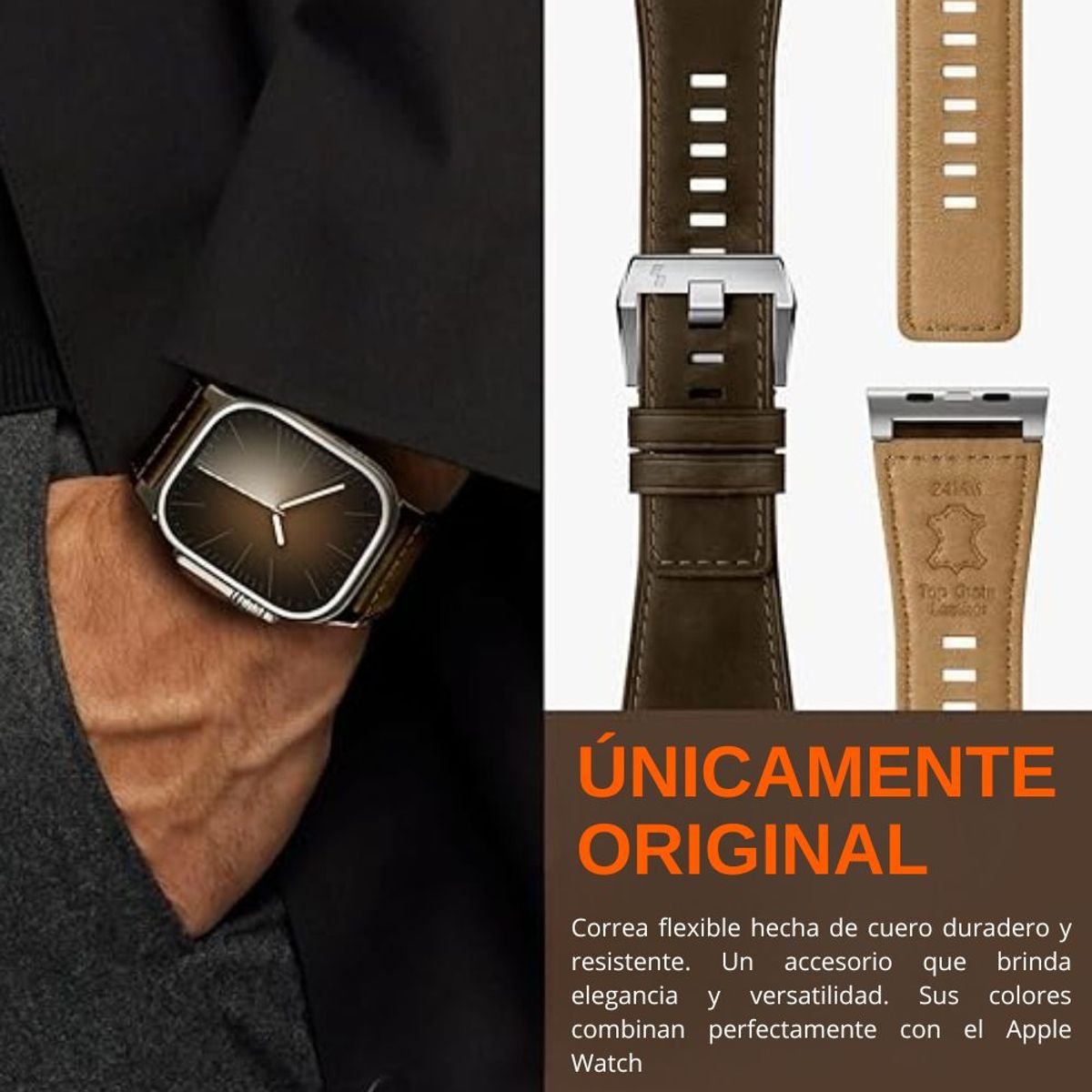 SUITISBEST - Correa De Cuero Para Apple Watch Ultra Suitisbest Clasico Marron Oscuro