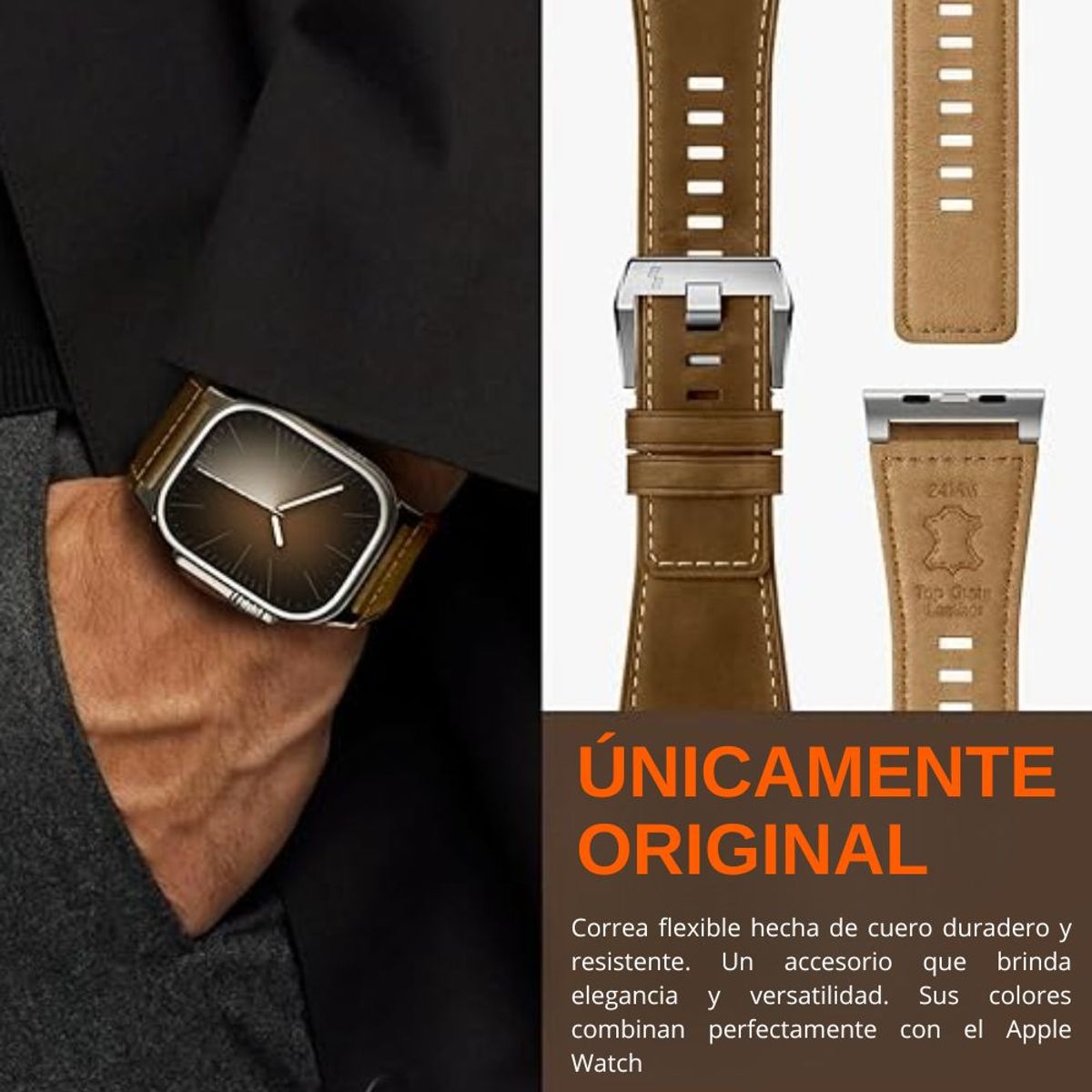 SUITISBEST - Correa De Cuero Para Apple Watch Ultra Suitisbest Clasico Marron Claro