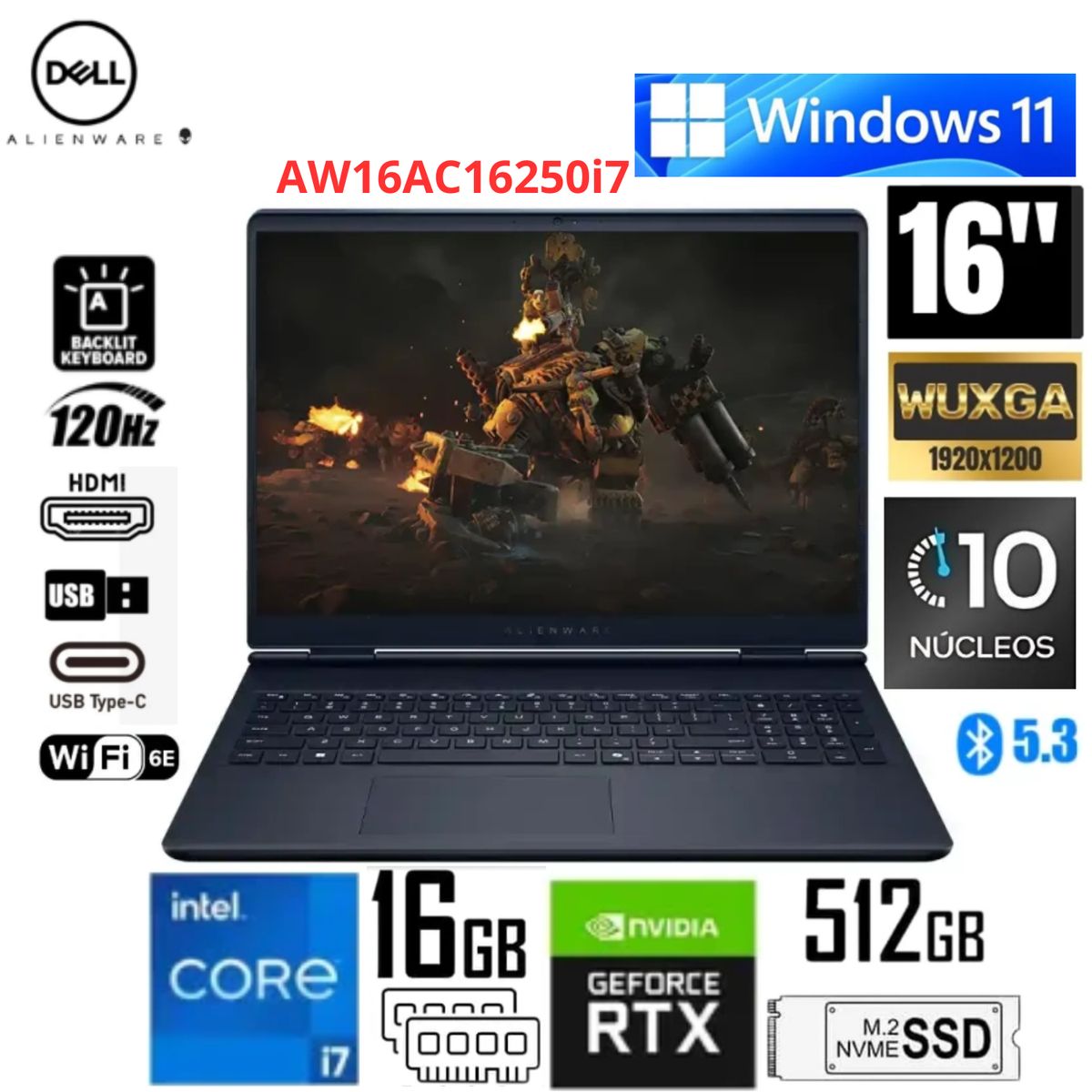 DELL - Laptop Dell ALIENWARE 16 Aurora Intel Core 7 240H 16GB DDR5 RAM 512GB SSD RTX 5050-8GB 16" WQXGA