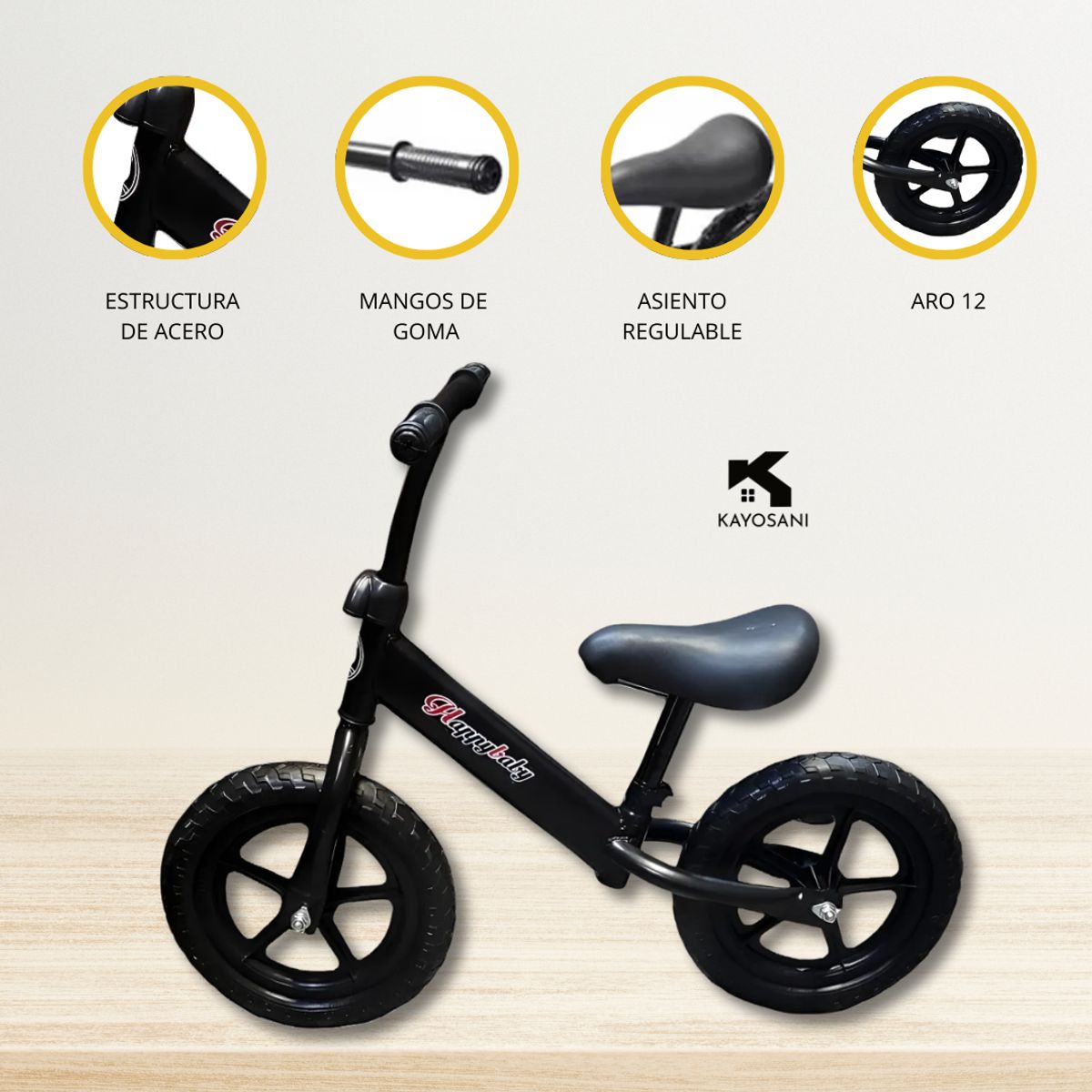 HAPPY BABY - Bicicleta De Equilibrio Ajustable «HAPPY BABY» BLACK