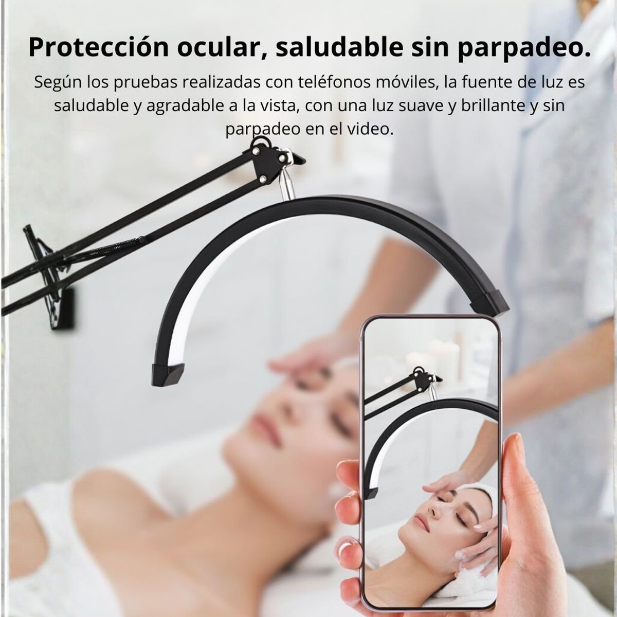 SEISA - Lámpara LED Profesional Media Luna con Brazo Articulado, 3 Colores y Brillo Ajustable para Estética