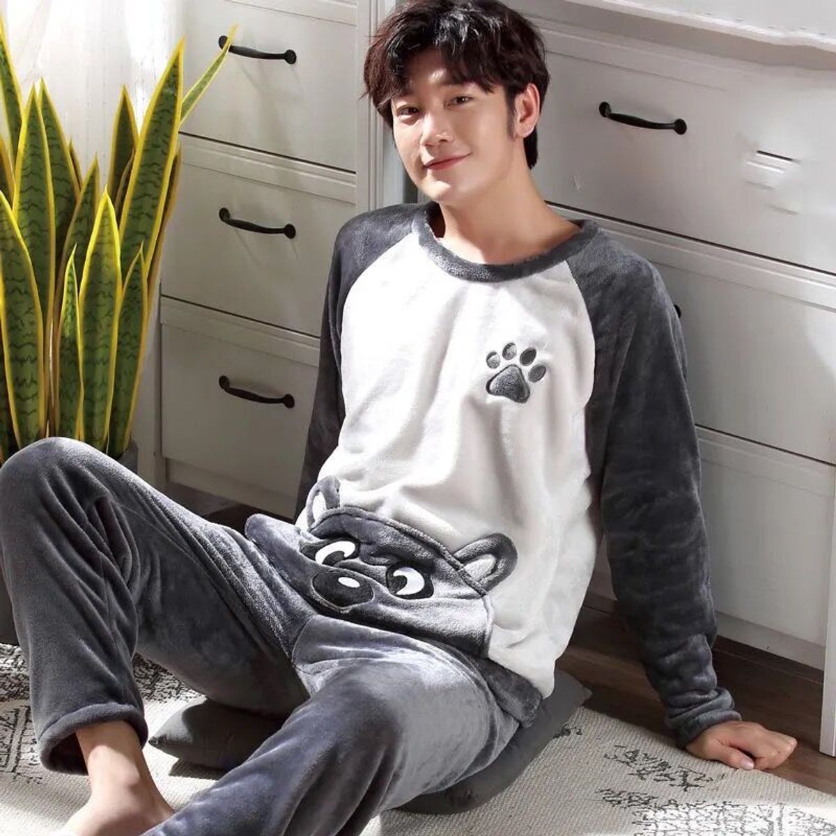 BAALATHKKO5 - Pijama Hombre Vellón De Coral Ropa De Casa Gruesa Invierno - HUELLA OSO XL