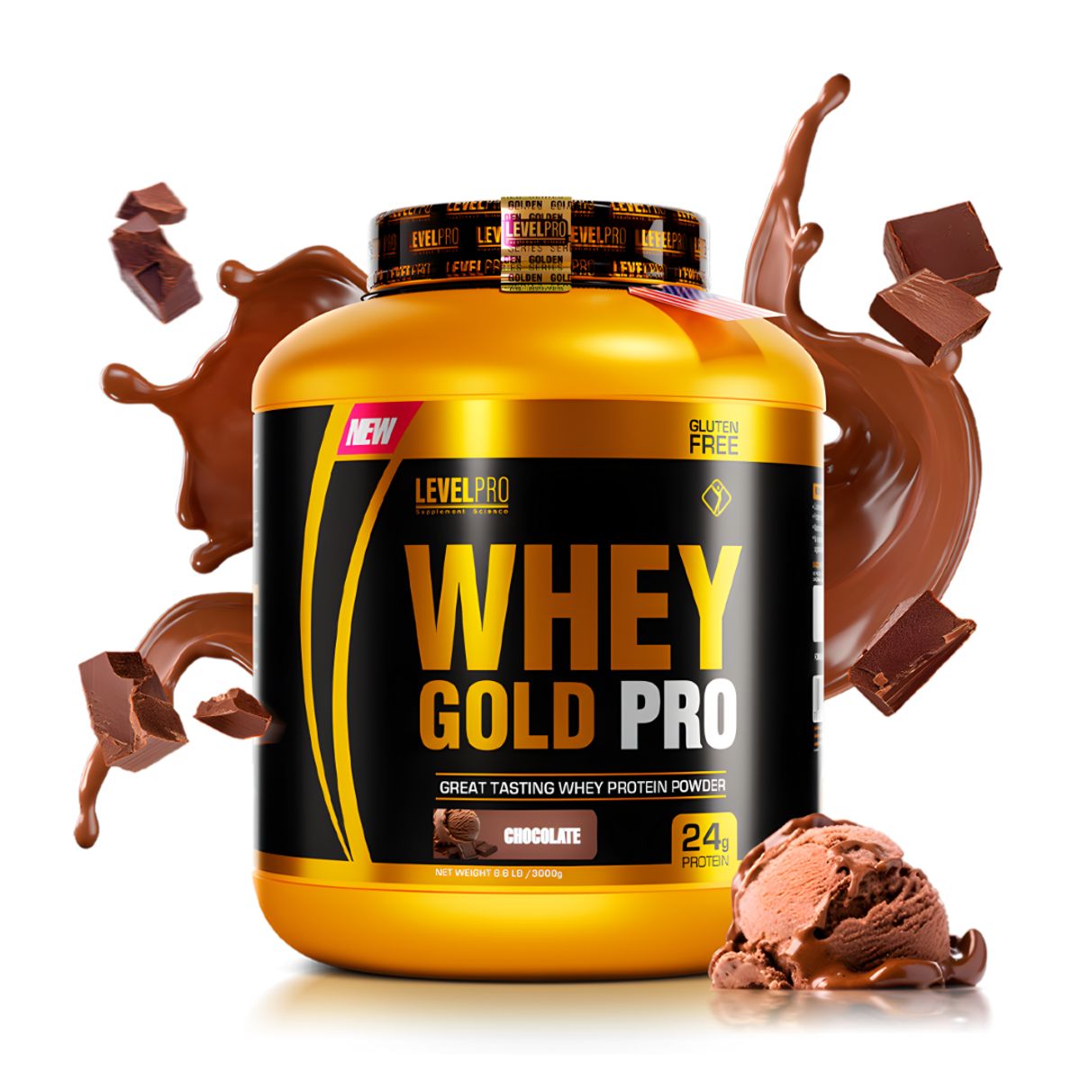 LEVEL PRO - Whey Gold Pro 3 kg Proteina Whey - Chocolate + Straps