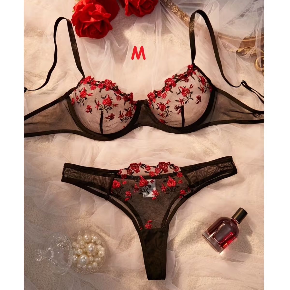 GENERICO - LENCERÍA SEXY BRASIER CON TRUSA TRANSPARENTE M