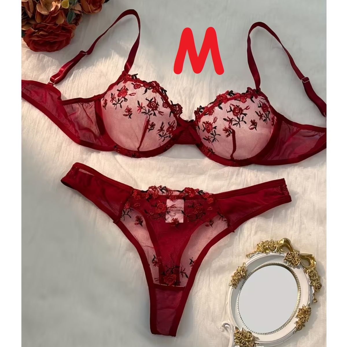 GENERICO - SET DE LENCERIA DE ENCAJE BORDADO CONJUNTO SEXY M