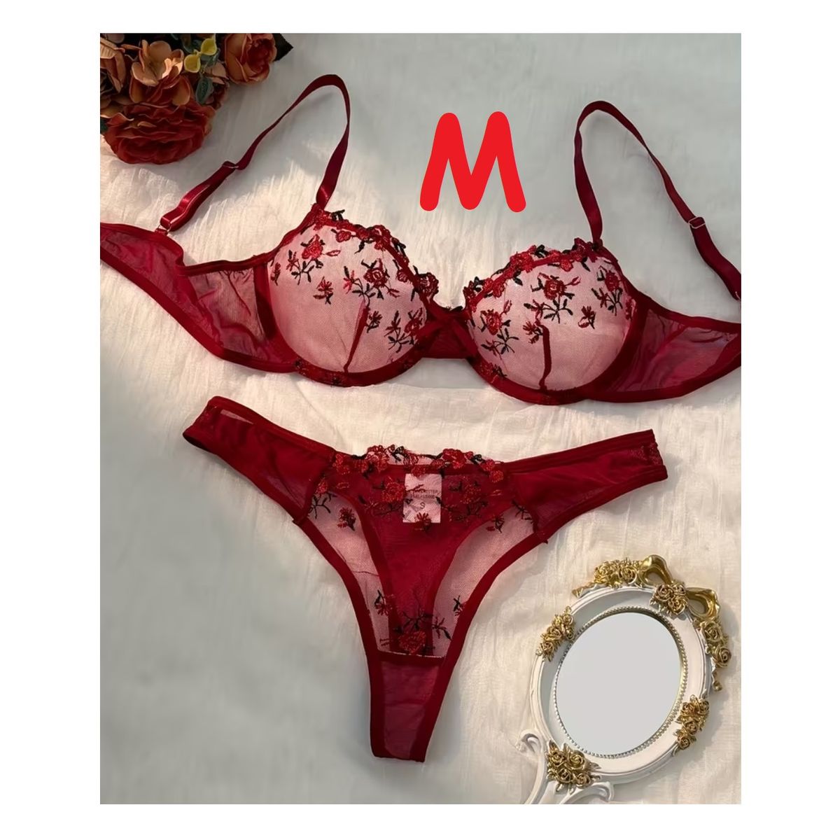 GENERICO - SET DE LENCERIA DE ENCAJE BORDADO CONJUNTO SEXY M