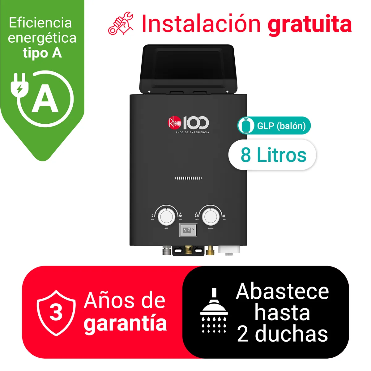 TERMA A GAS 8L GLP PREMIUM RHEEM - GAS DE BALÓN, marca Rheem - Foto Principal