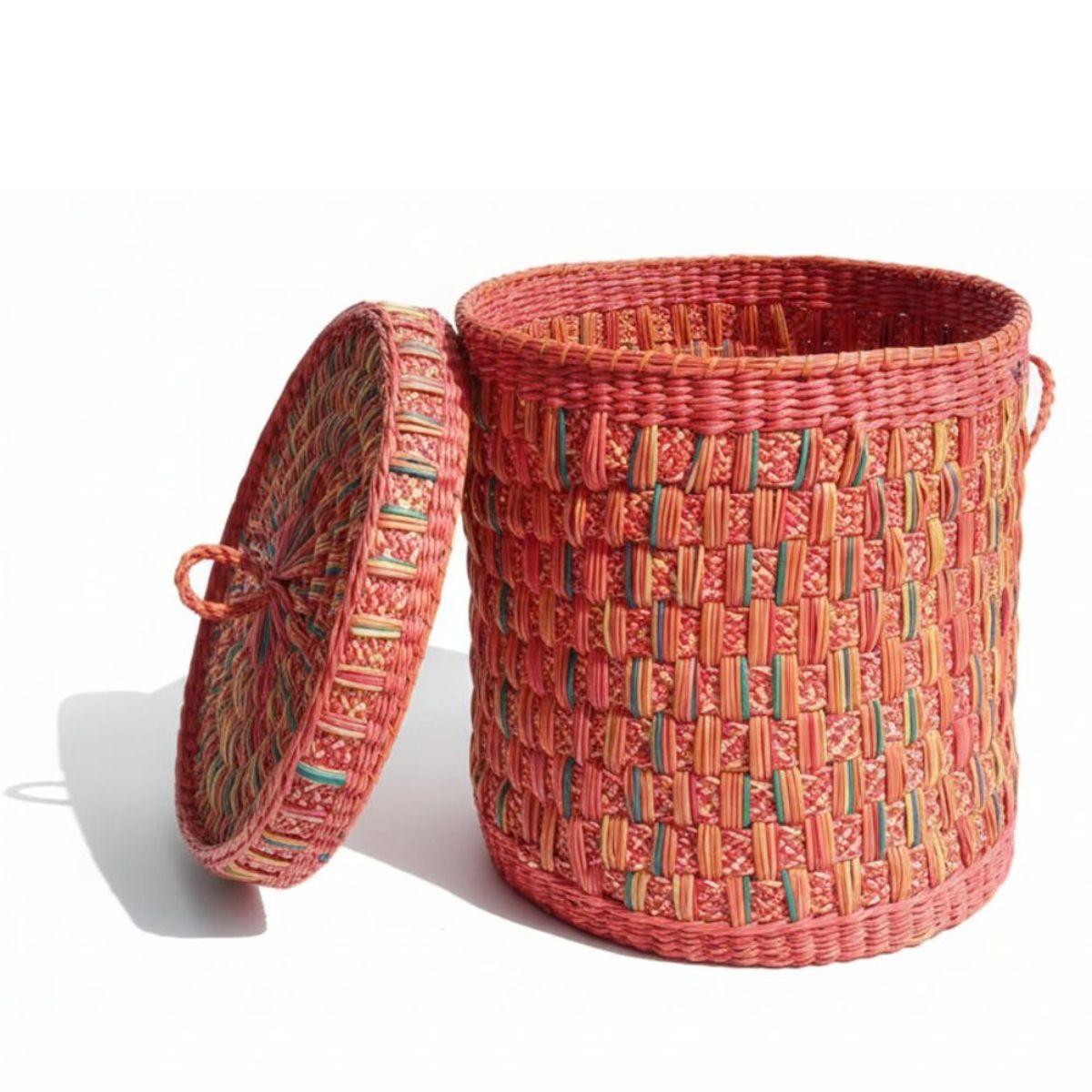 START FG - Cesto de Junco Mimbre con Tapa Multicolor - Esencial Organizador Decorativo 40 cm