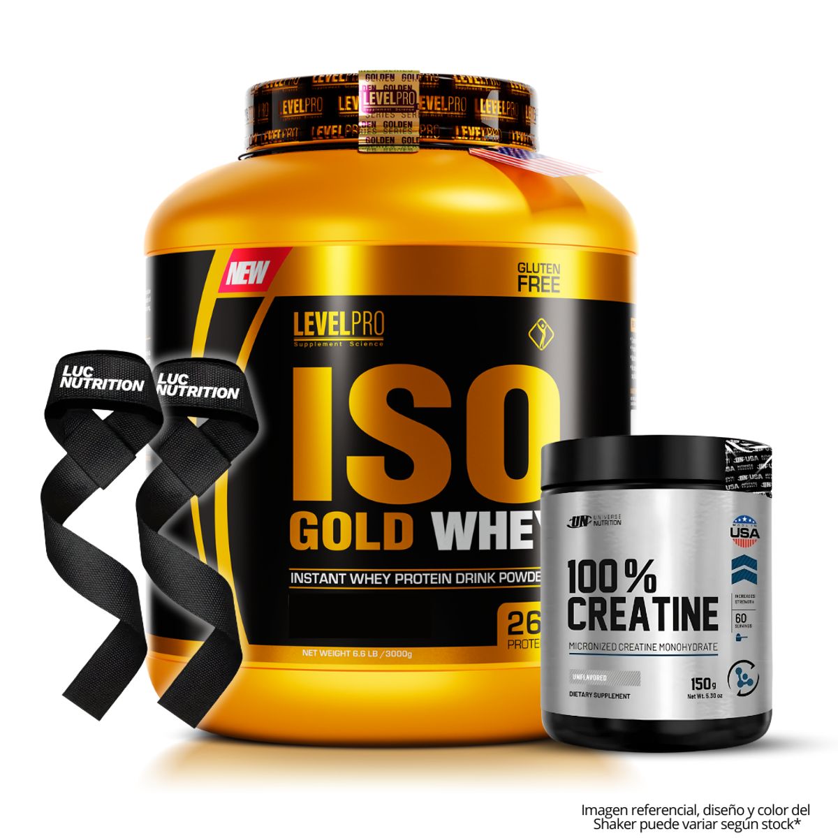 LEVEL PRO - Iso Gold Whey 3 kg Proteina Isolatada - Chocolate + Creatina Universe Nutrition 150 g + Straps