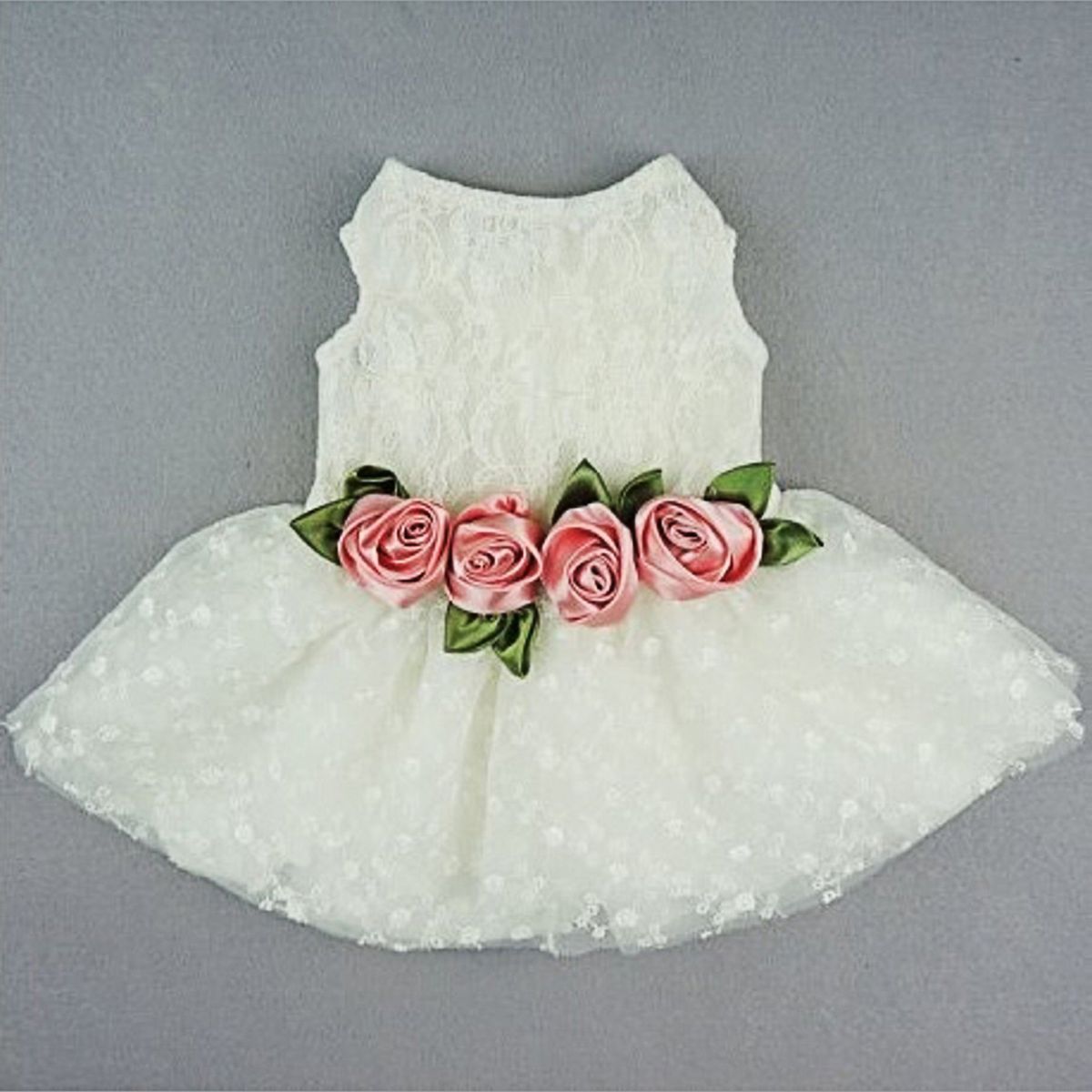 GENERICO - VESTIDO BLANCO DE ENCAJE ELEGANTE PARA PERRO Y GATO CON FLORES EN RASO - XS