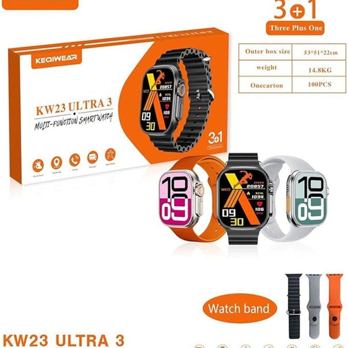 GENERICO - Smartwatch KW23 ULTRA 3 3 Correas Plata