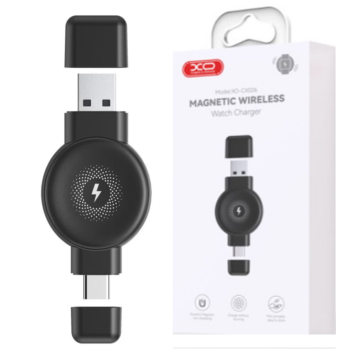 XO SIMPLE IS BEAUTY - Cargador Magnético Inductivo Inalámbrico XO CX026 para Reloj USB-A y Tipo-C - Negro