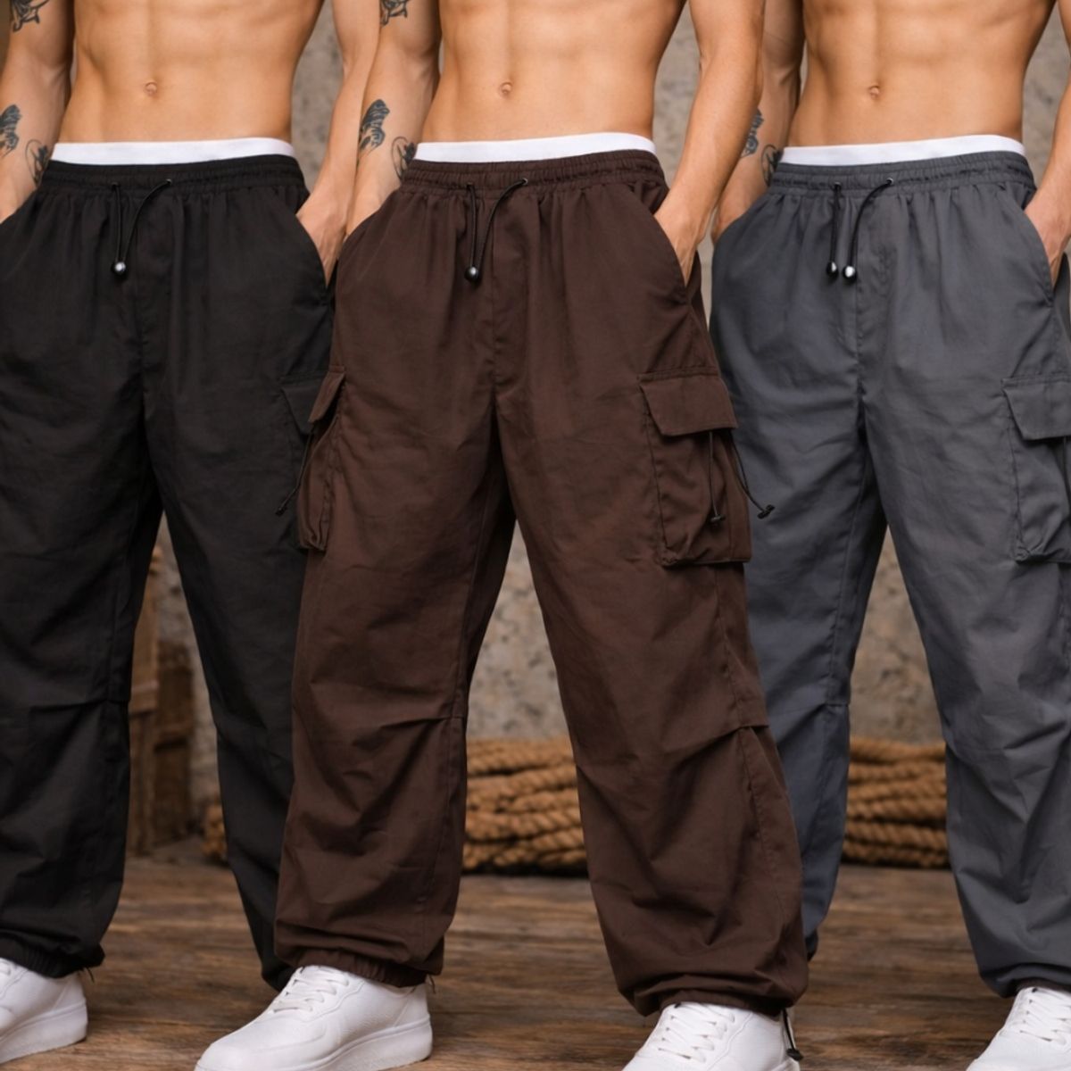 ENKI - Pack x3 Pantalones Cargo Oversized Hombre - Tela Mojada - Negro, Marrón,  Gris