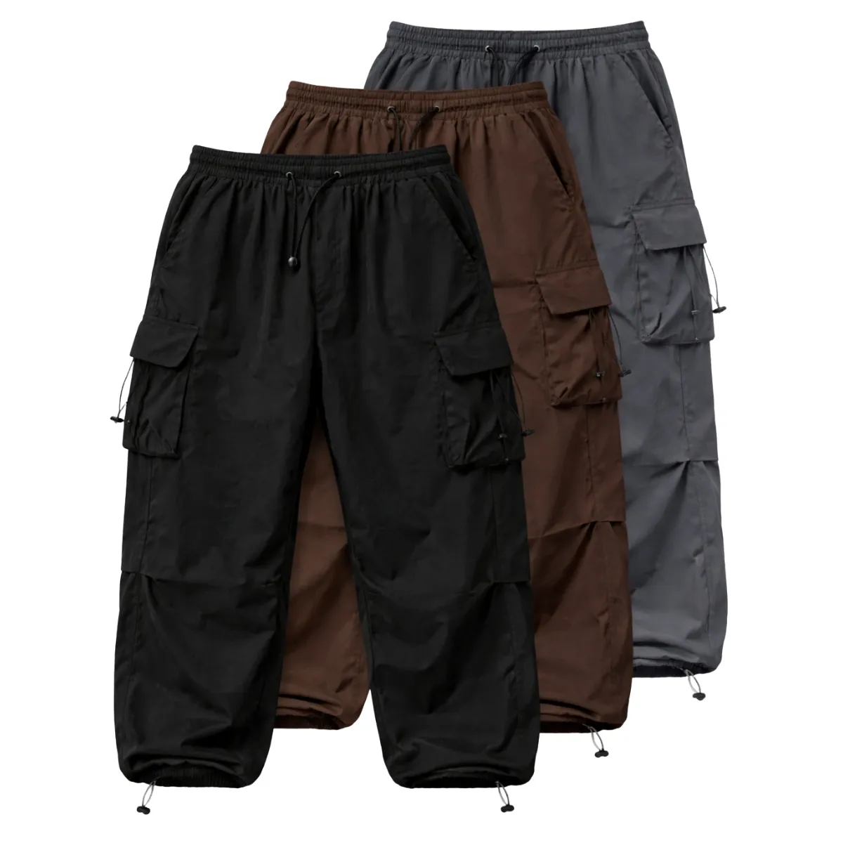 ENKI - Pack x3 Pantalones Cargo Oversized Hombre - Tela Mojada - Negro, Marrón,  Gris