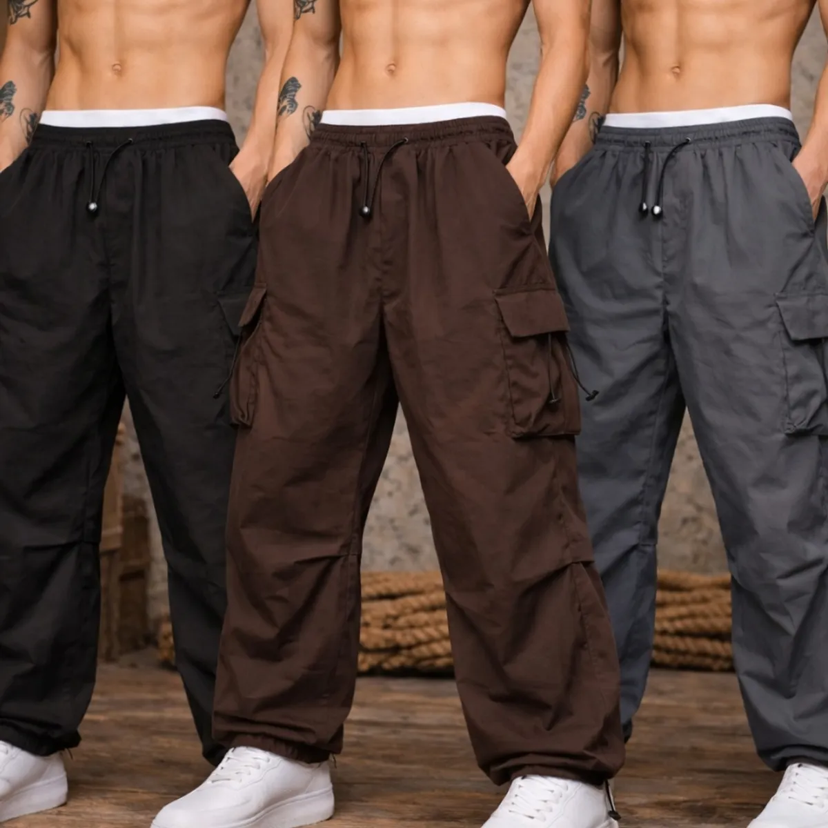 ENKI - Pack x3 Pantalones Cargo Oversized Hombre - Tela Mojada - Negro, Marrón,  Gris