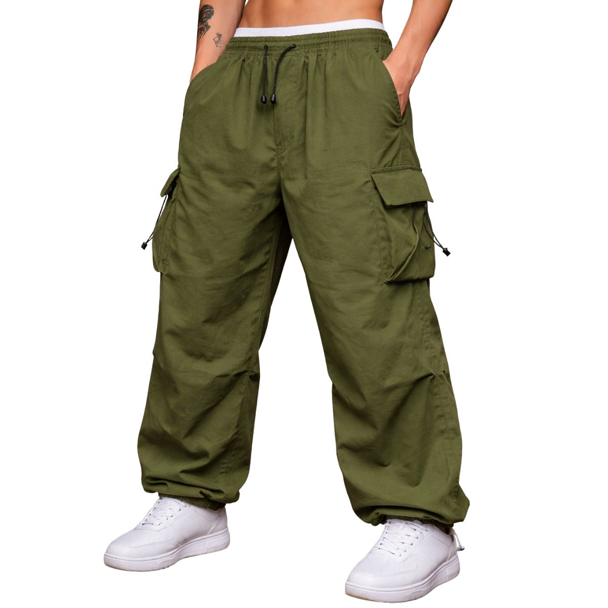 ENKI - Pantalón Cargo Oversized Hombre Tela Mojada Estilo Streetwear