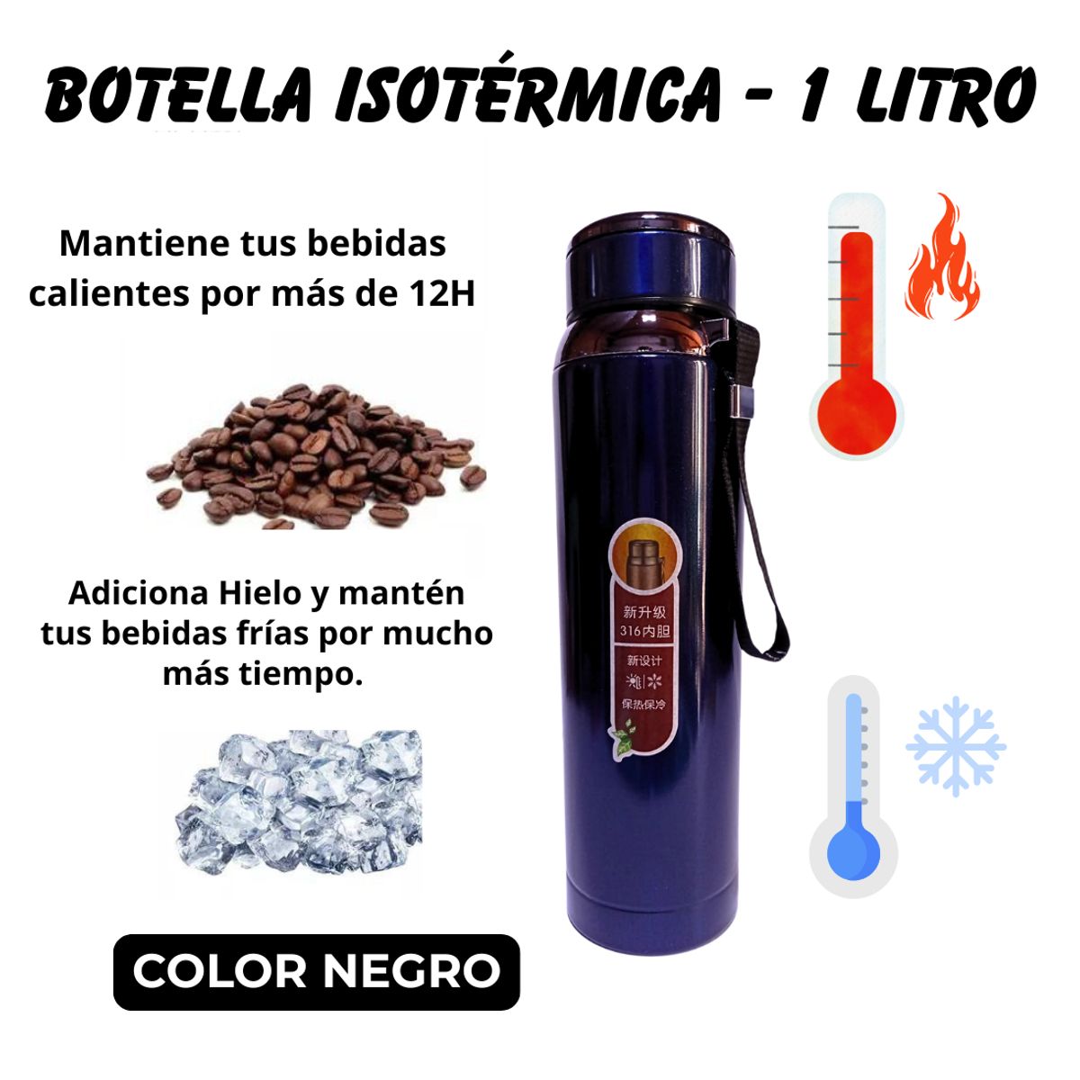 GENERICO - Botella Tomatodo Negro Isotérmica 1 Litro para Frío Y Calor de Acero Inoxidable