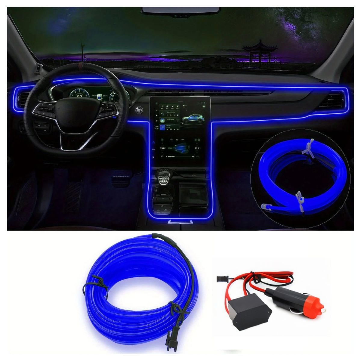 JET - Hilo Neón Azul 3 Metros 12V con Entrada a Cigarrera