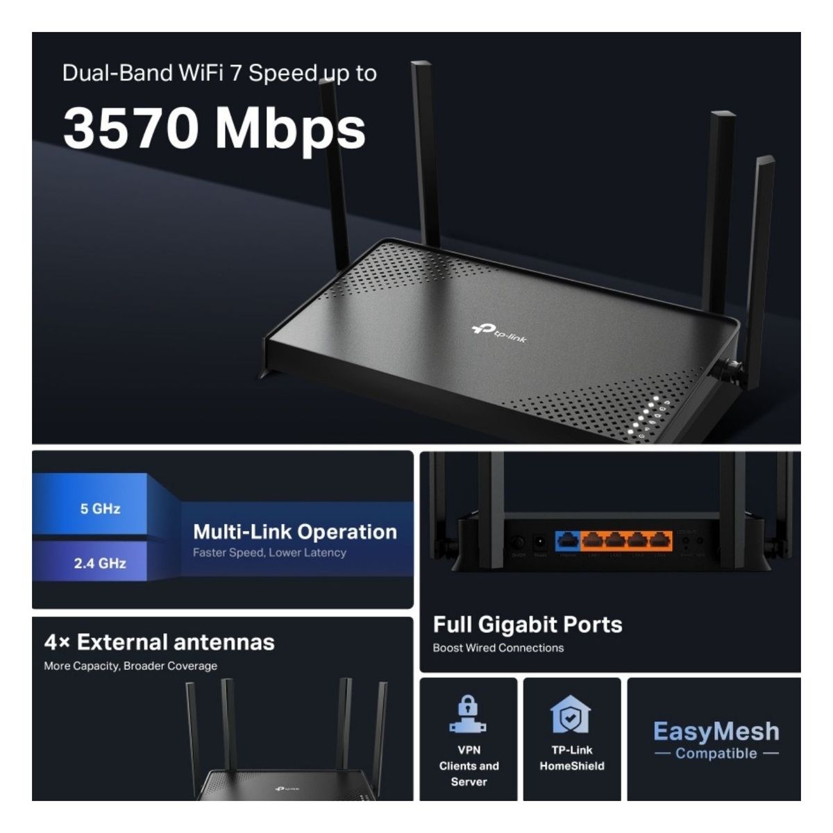 TP LINK - TP-Link - Router Archer BE220 WiFi 7 BE3600 Dual Band