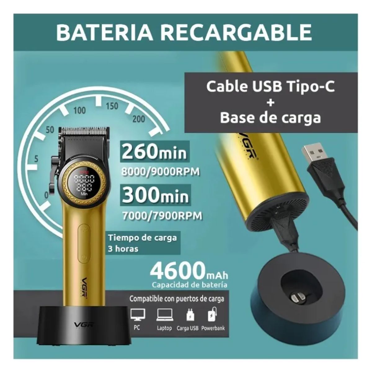 PREMIUM - Maquina Corte Cabello Profesional VGR V001 9000 RPM Dorado