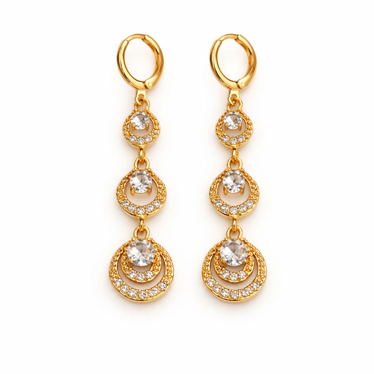 GENERICO - Aretes largos dorados con círculos y brillantes para mujer fiesta