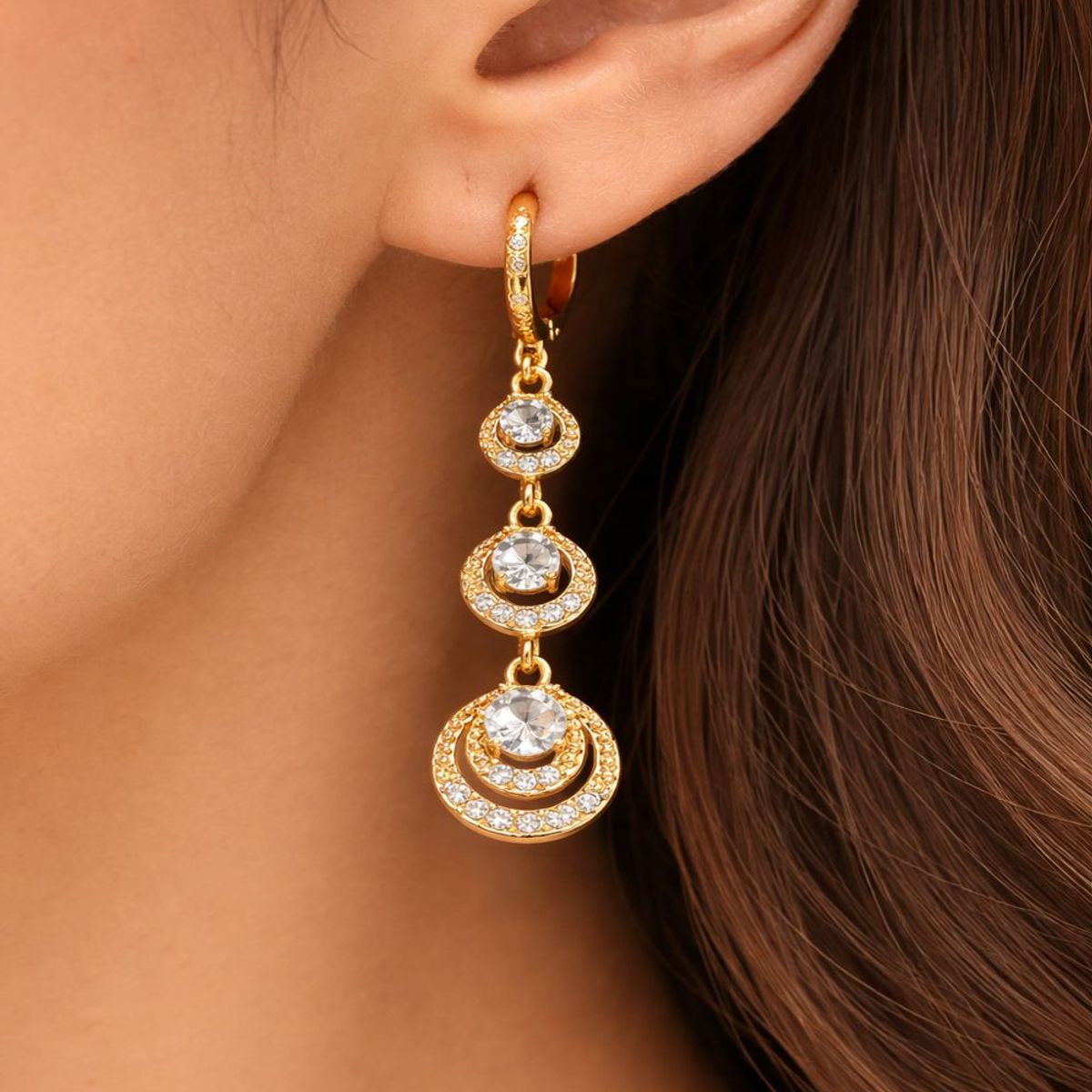 GENERICO - Aretes largos dorados con círculos y brillantes para mujer fiesta