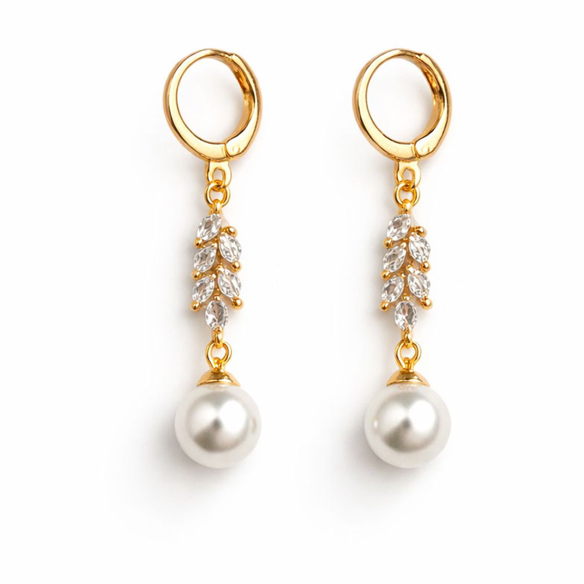 GENERICO - Aretes largos dorados con perla y hojas de brillo para mujer