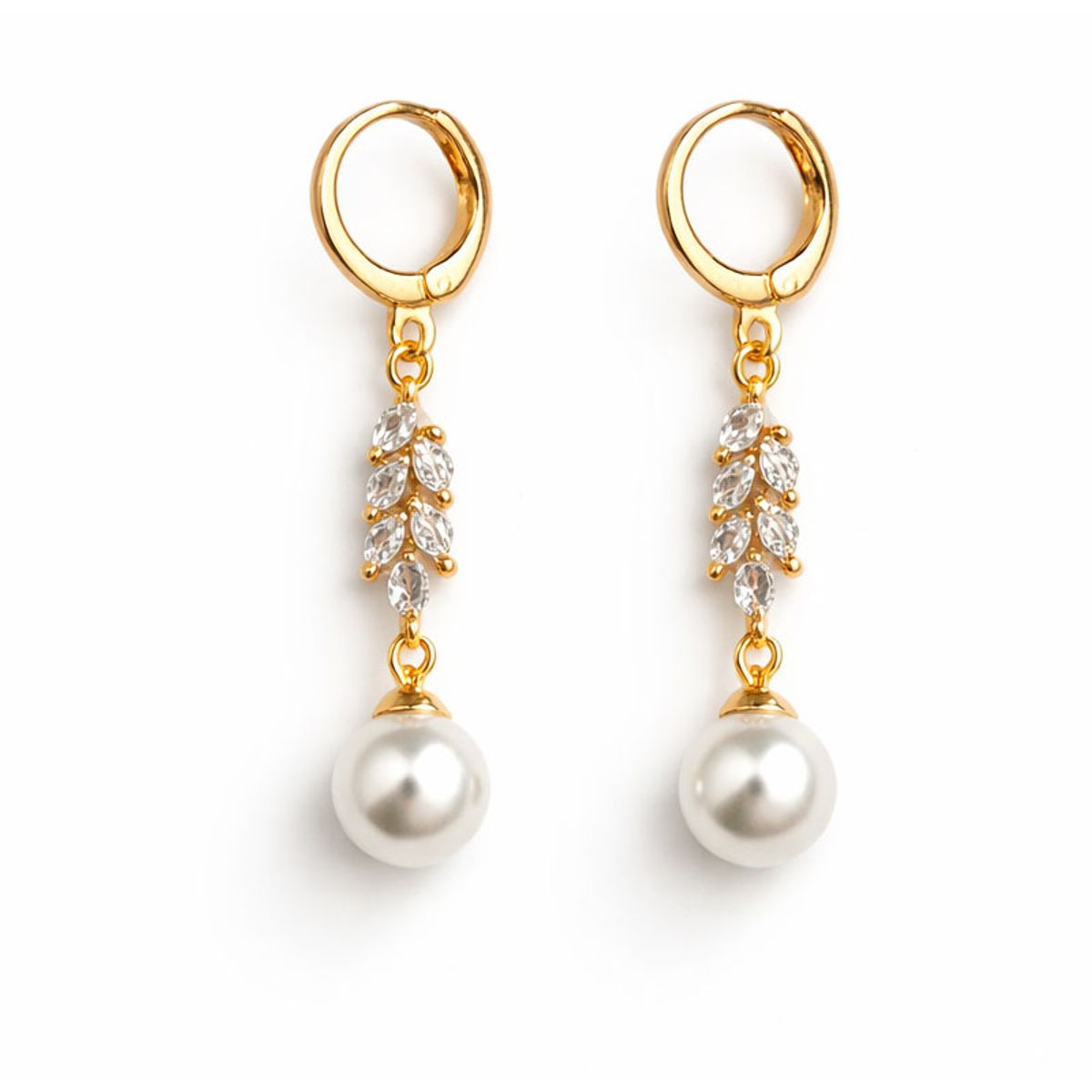 GENERICO - Aretes largos dorados con perla y hojas de brillo para mujer