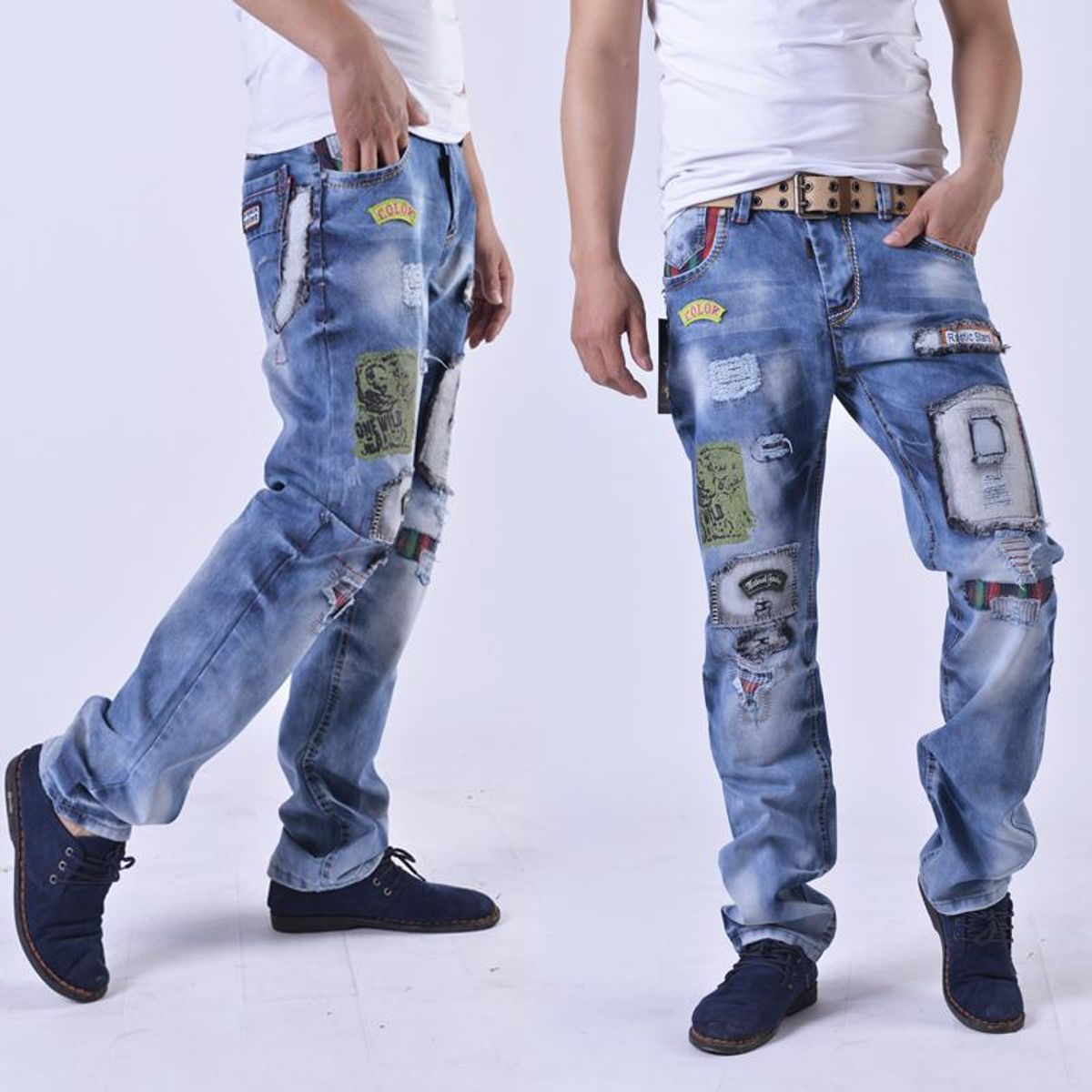 BAALATHKKO5 - Pantalones Hombre Vaqueros Elastic Ripped Bordado