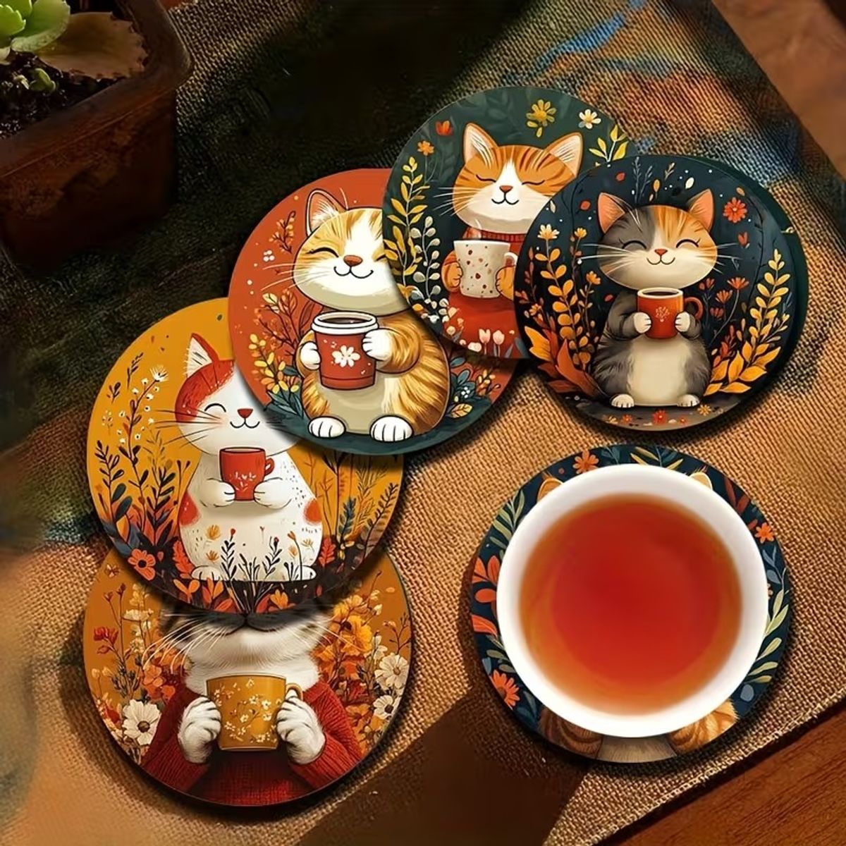 GENERICO - SET POSAVASOS X 6 - GATOS TOMANDO CAFÉ