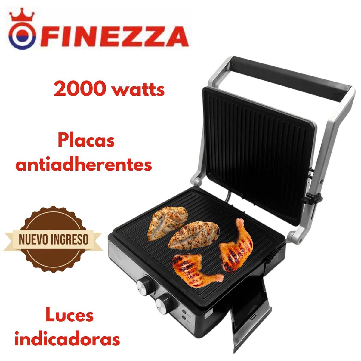 FINEZZA - Parrilla Eléctrica FZ 836SG Superficie Antiadherente 2000 watts Temperatura ajustable