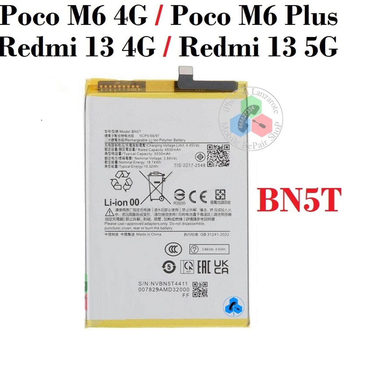 GENERICO - BATERIA REDMI 13 4G - 13 5G - M6 - M6 PLUS  BN5T  NUEVO