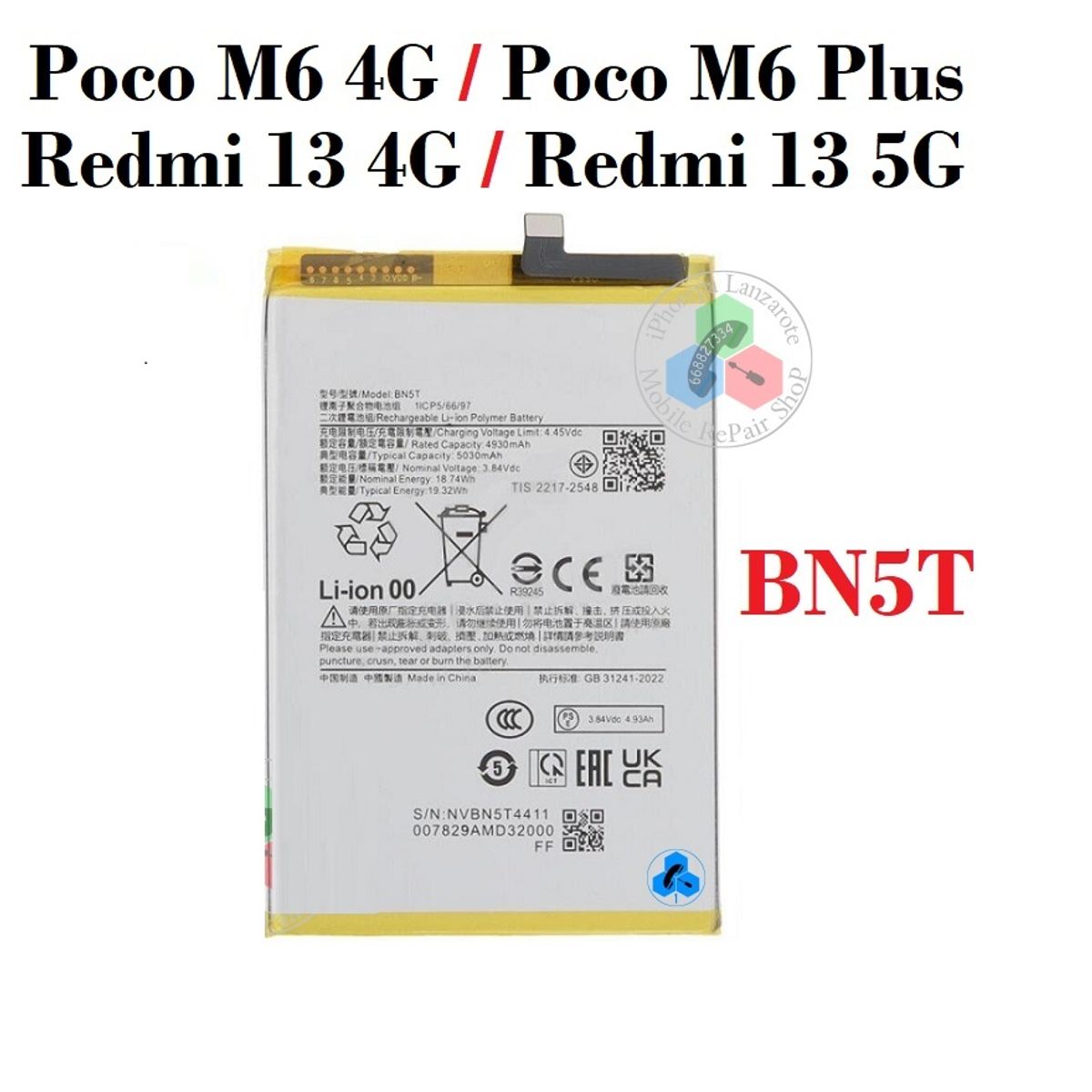 GENERICO - BATERIA REDMI 13 4G - 13 5G - M6 - M6 PLUS  BN5T  NUEVO