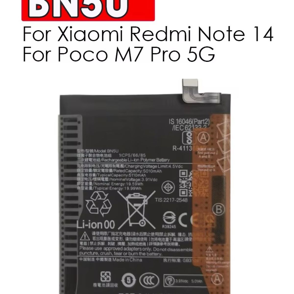 GENERICO - BATERIA REDMI NOTE 14 5G - M7 PRO BN5U  NUEVO - NEGRO