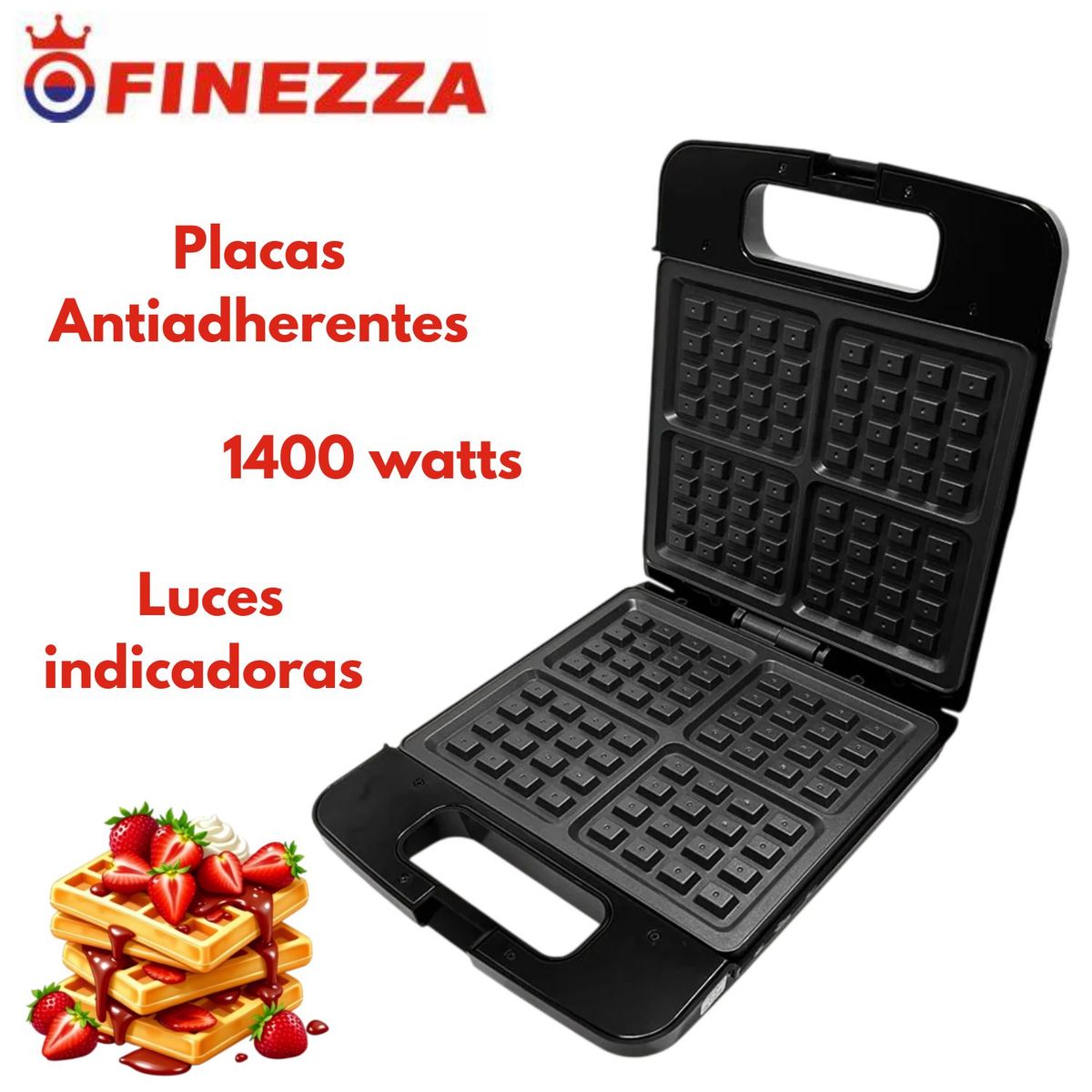 FINEZZA - Waflera Finezza FZ- 827WF4  4 piezas Antiadherente 1400 Watts Negro