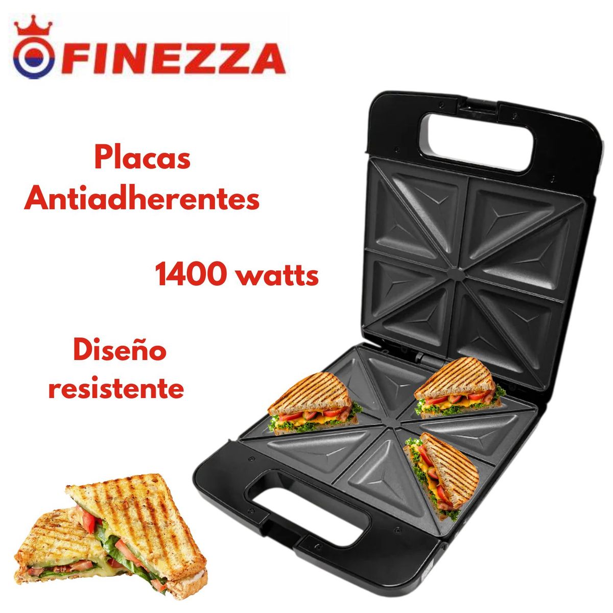FINEZZA - Sandwichera Eléctrica Finezza Fz-825WS4 4 Piezas 1400 Watts Negro