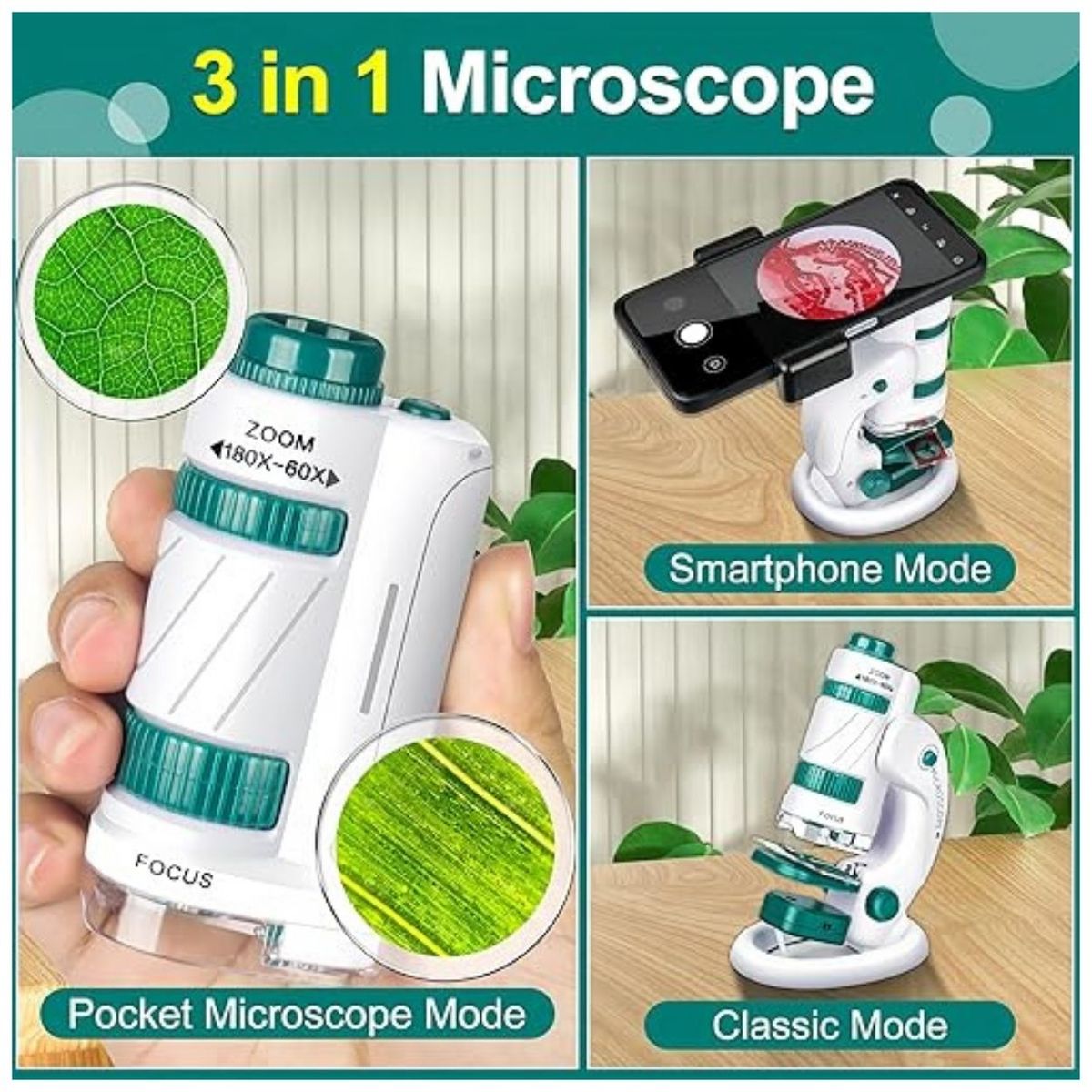 GENERICO - Microscopio Portátil Infantil 3 en 1 Kit STEM Pro - Zoom 180x + 12 Muestras Reales