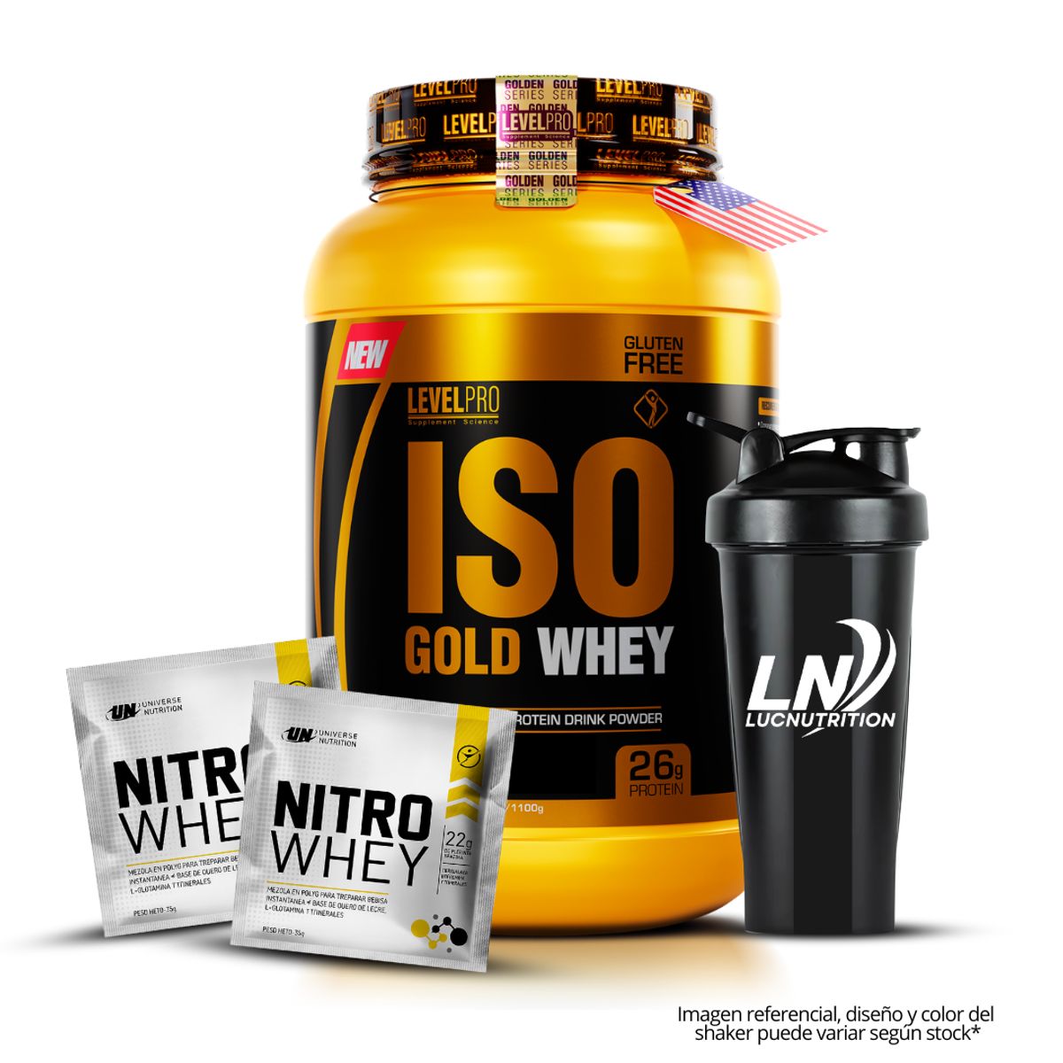 LEVEL PRO - Iso Gold Whey 1.1 Kg Proteina Isolatada - Vainilla + 2 Sachet Nitro Whey + Shaker