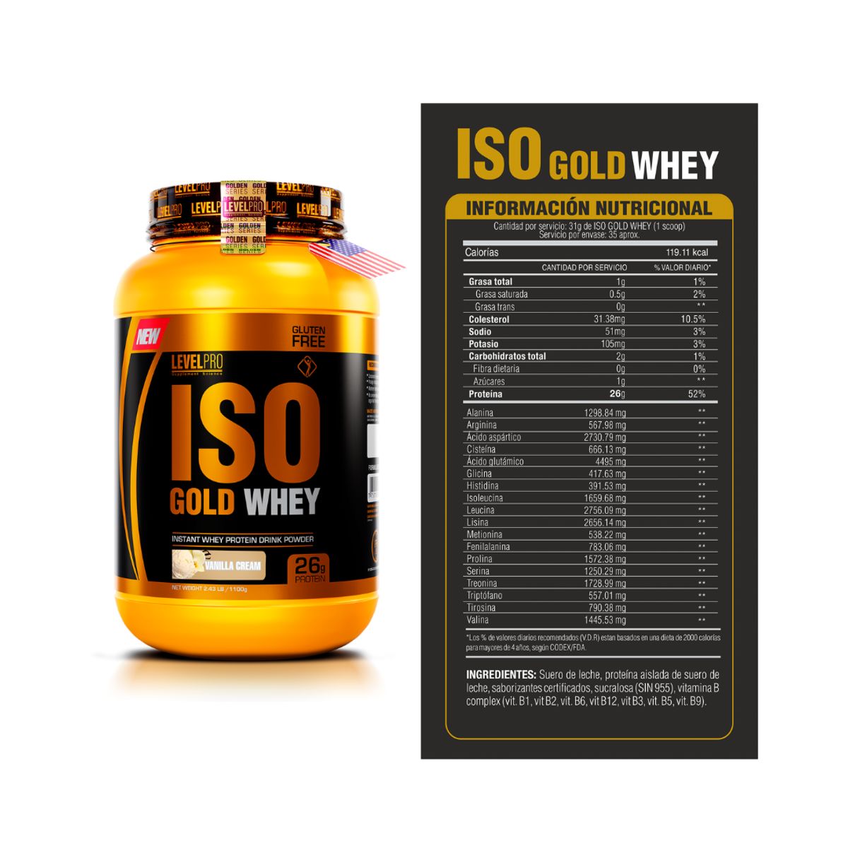 LEVEL PRO - Iso Gold Whey 1.1 Kg Proteina Isolatada - Vainilla + 2 Sachet Nitro Whey + Shaker