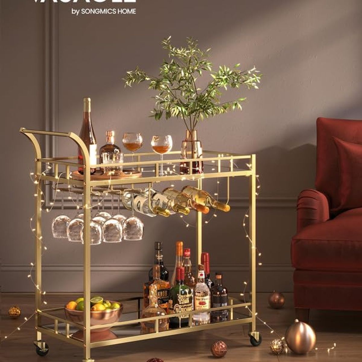 ANYHOGAR - Carro Bar Cocina Organizador Con Asa Ruedas 2 Niveles Acero